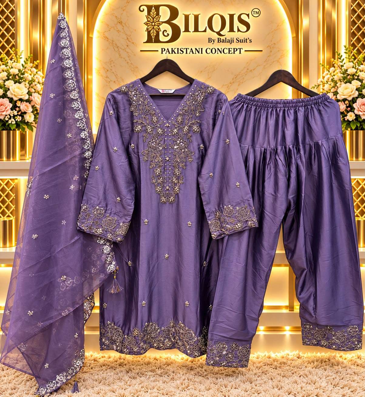 BILQIS B 288 SATIN SILK EMBROIDERED DESIGNER WORK READY MADE PAKISTANI SUIT 