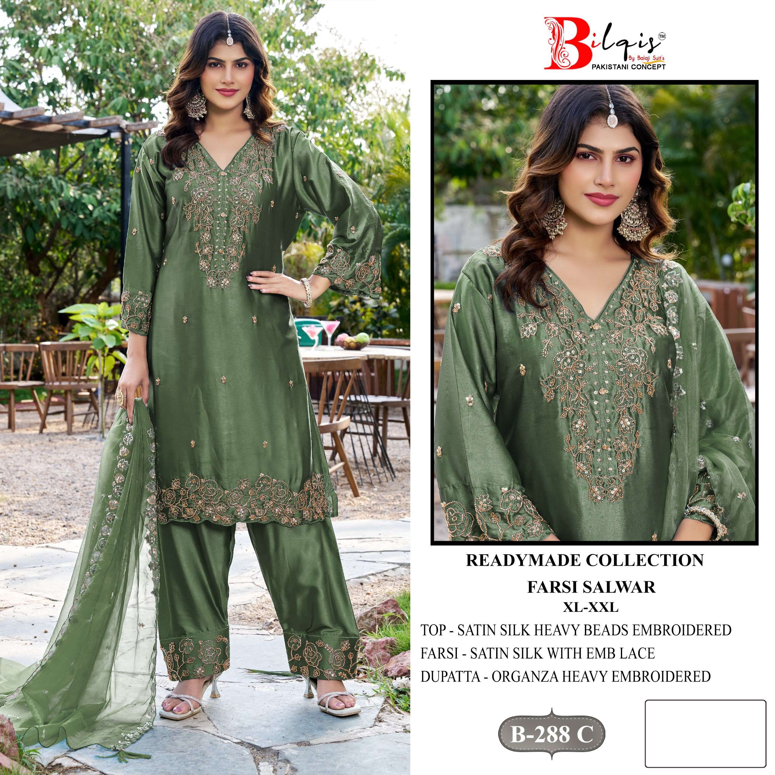 BILQIS B 288 SATIN SILK EMBROIDERED DESIGNER WORK READY MADE PAKISTANI SUIT 