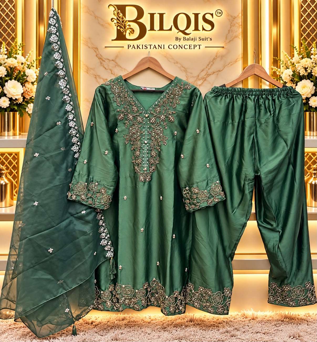 BILQIS B 288 SATIN SILK EMBROIDERED DESIGNER WORK READY MADE PAKISTANI SUIT 