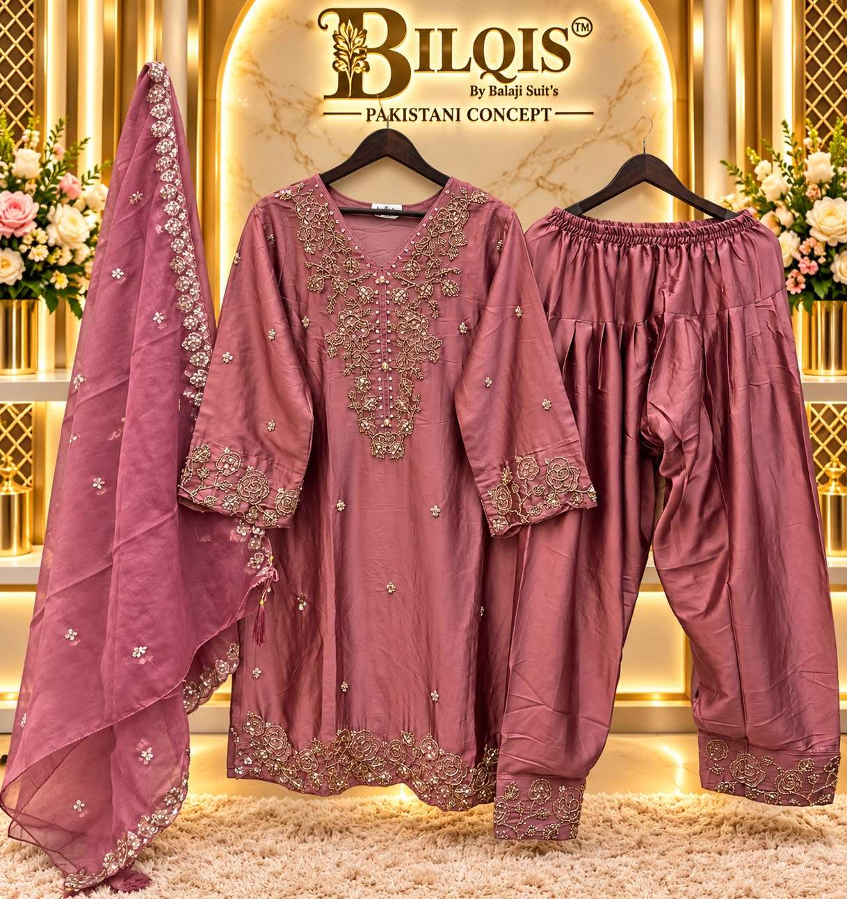 BILQIS B 288 SATIN SILK EMBROIDERED DESIGNER WORK READY MADE PAKISTANI SUIT 