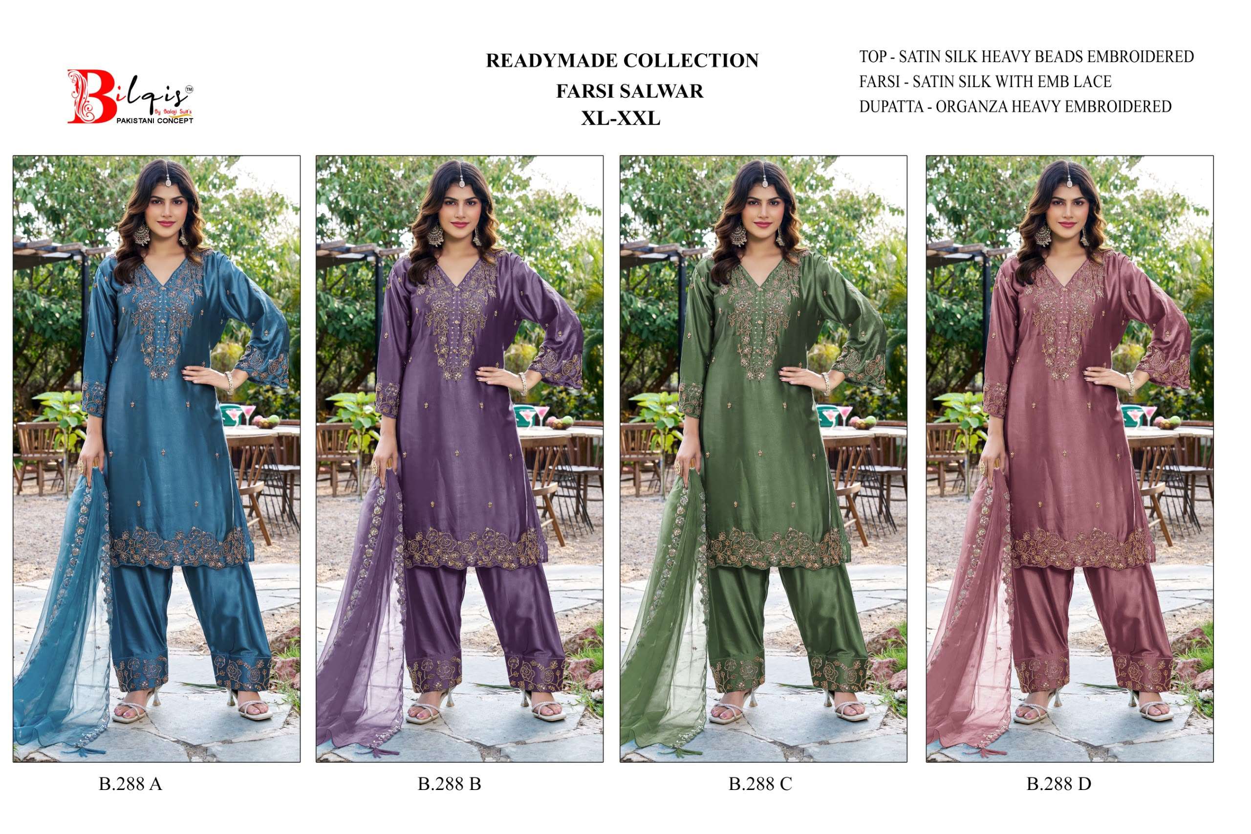 BILQIS B 288 SATIN SILK EMBROIDERED DESIGNER WORK READY MADE PAKISTANI SUIT 