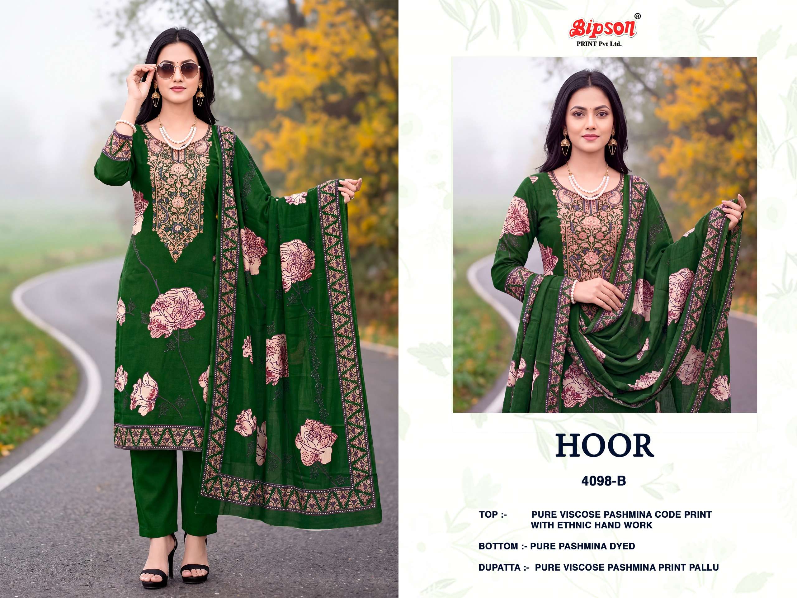 BIPSON PRINTS HOOR 4098 VISCOSE PASHMINA DIGITAL PRINT WITH HAND WORK SUIT