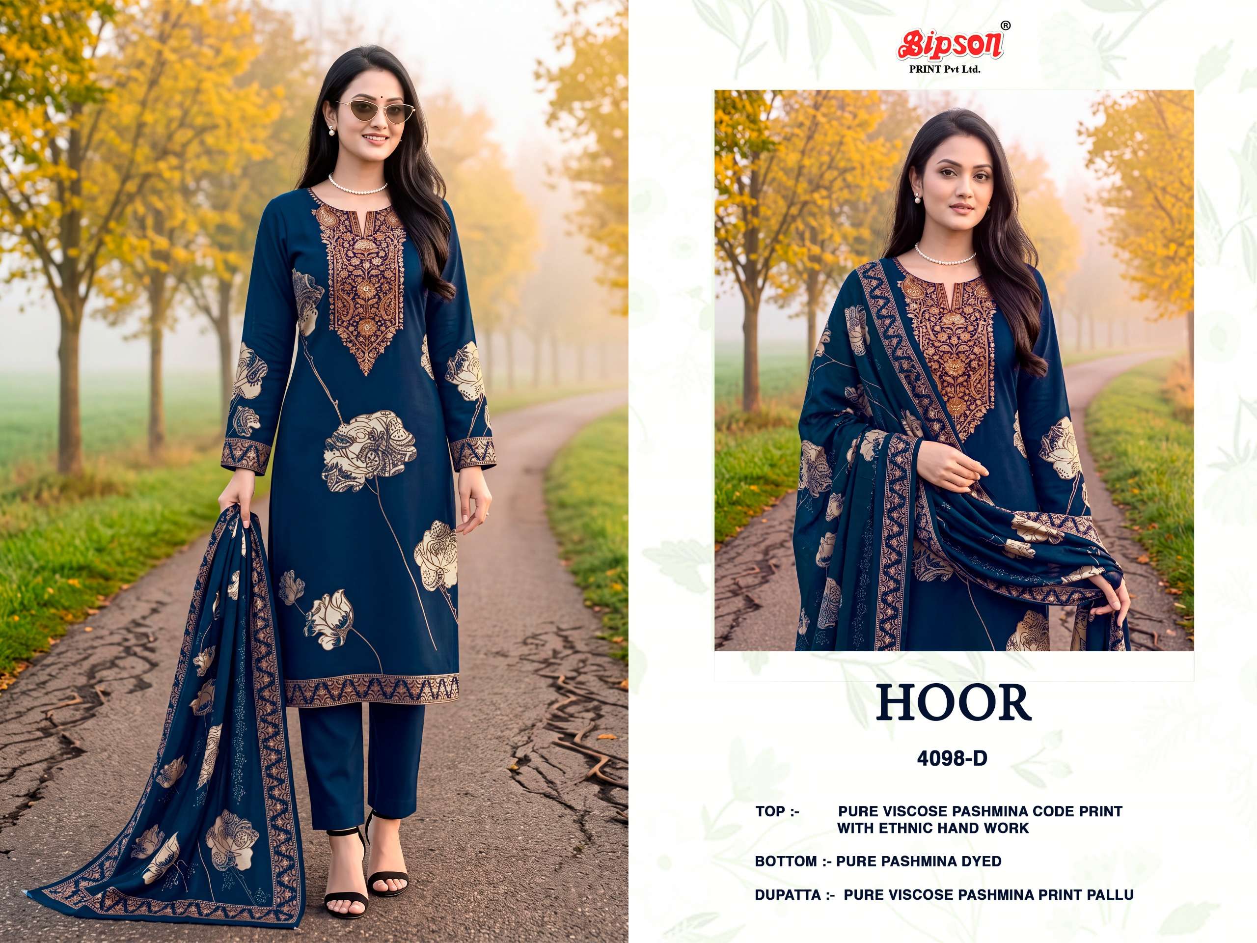 BIPSON PRINTS HOOR 4098 VISCOSE PASHMINA DIGITAL PRINT WITH HAND WORK SUIT