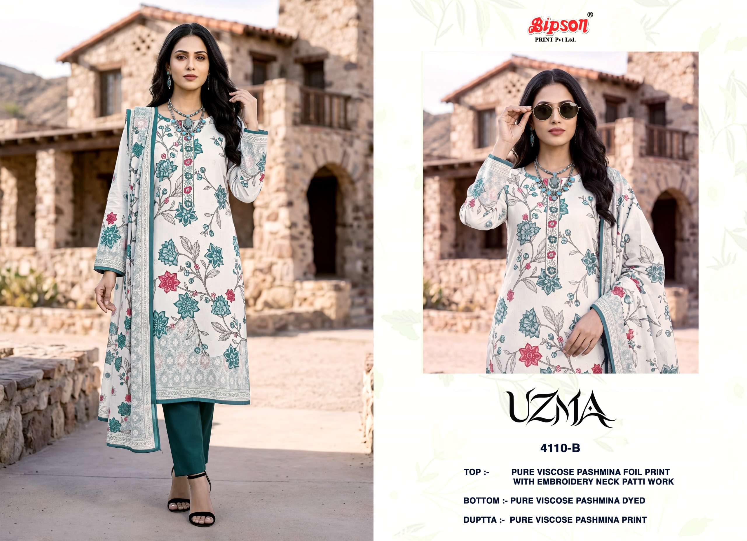 BIPSON PRINTS UZMA 4110 PASHMINA FOIL PRINT WITH EMBROIDERY WORK SUIT