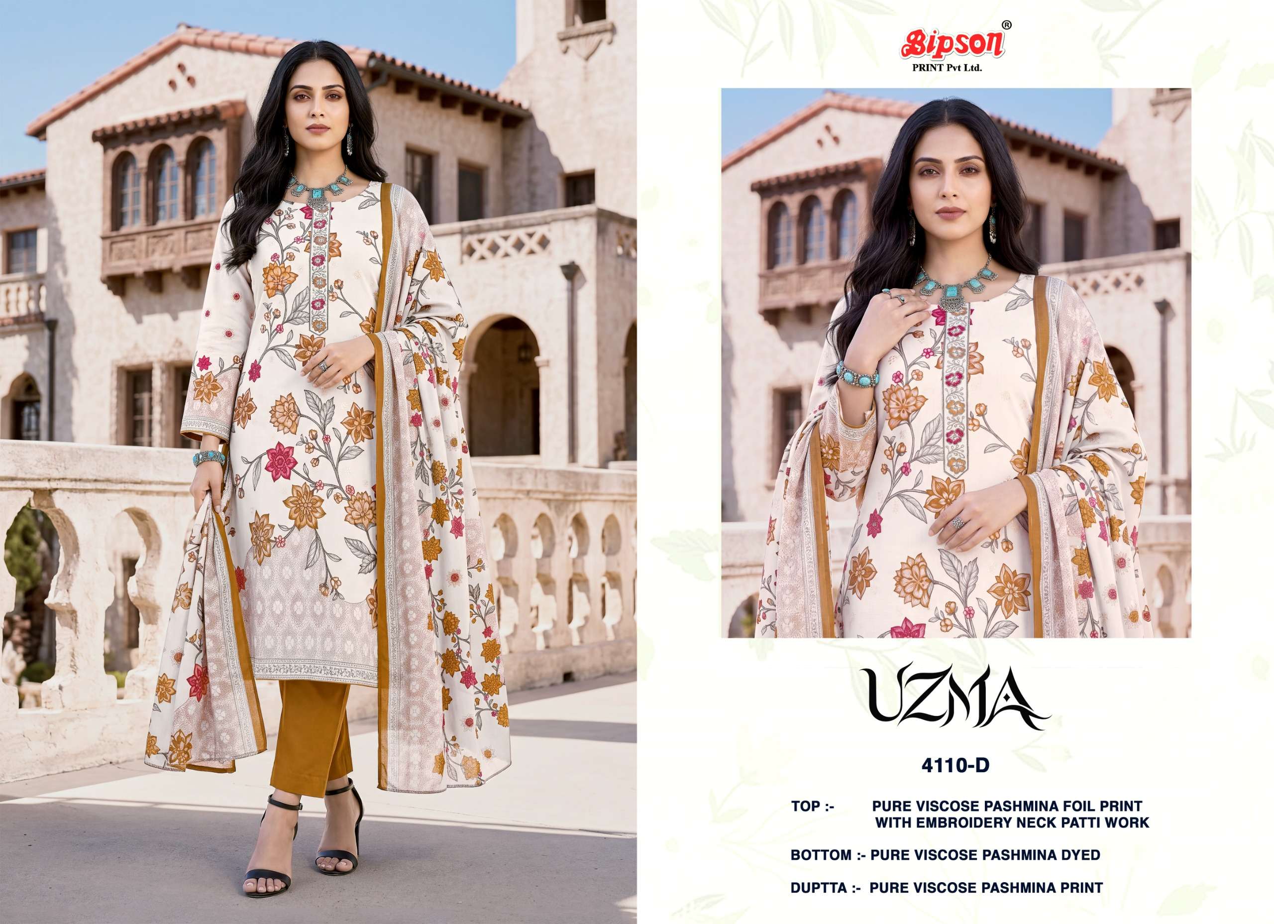BIPSON PRINTS UZMA 4110 PASHMINA FOIL PRINT WITH EMBROIDERY WORK SUIT