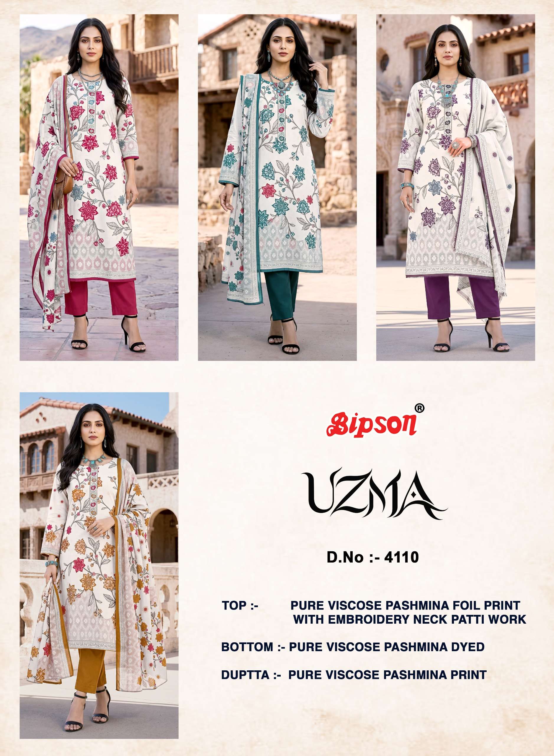 BIPSON PRINTS UZMA 4110 PASHMINA FOIL PRINT WITH EMBROIDERY WORK SUIT