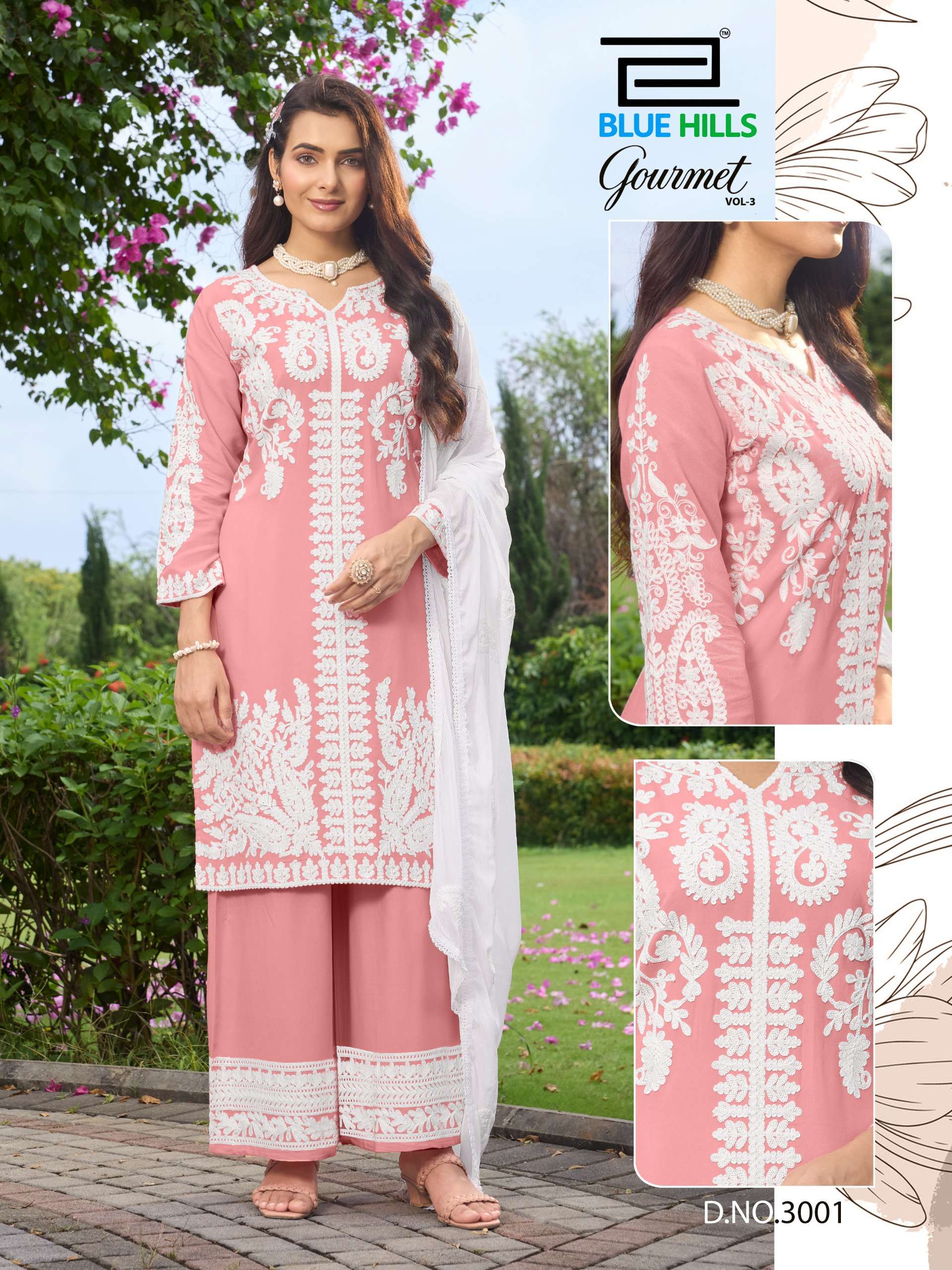 BLUE HILLS GOURMET VOL 3 RAYON FANCY LUCKNOWI WORKS STYLE LADIES KURTI PLAZZO AND DUPATTA SET 