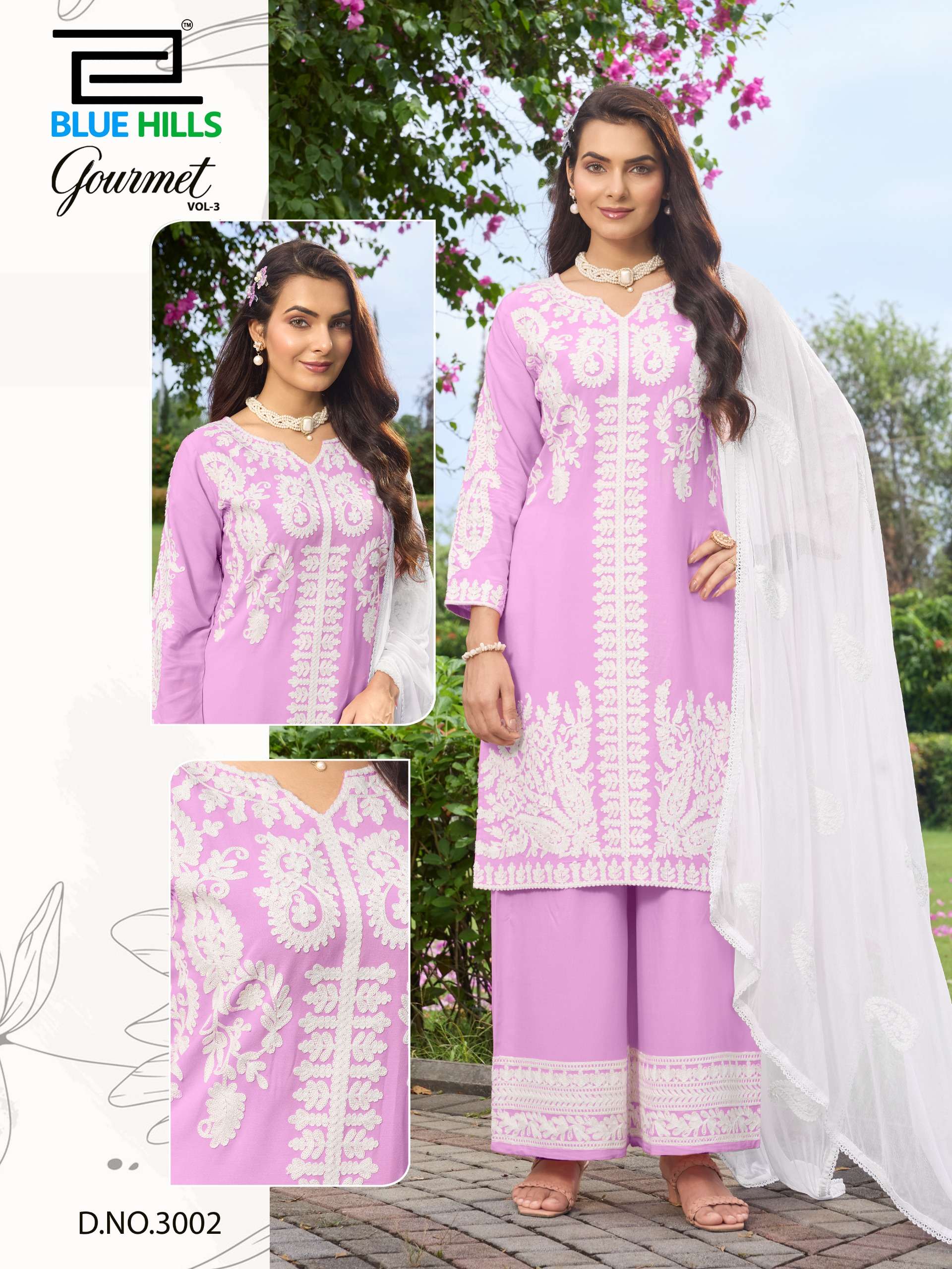 BLUE HILLS GOURMET VOL 3 RAYON FANCY LUCKNOWI WORKS STYLE LADIES KURTI PLAZZO AND DUPATTA SET 