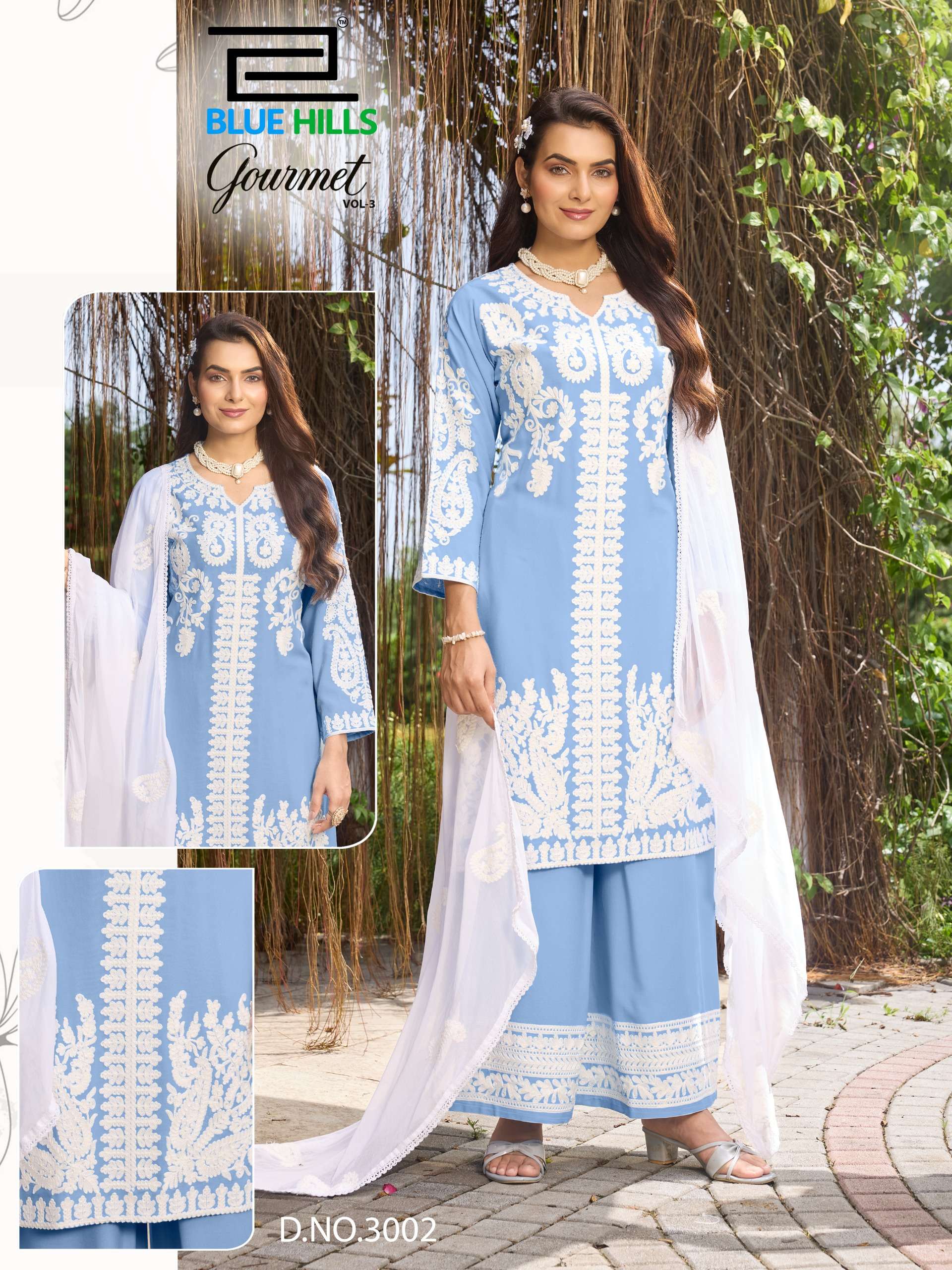 BLUE HILLS GOURMET VOL 3 RAYON FANCY LUCKNOWI WORKS STYLE LADIES KURTI PLAZZO AND DUPATTA SET 