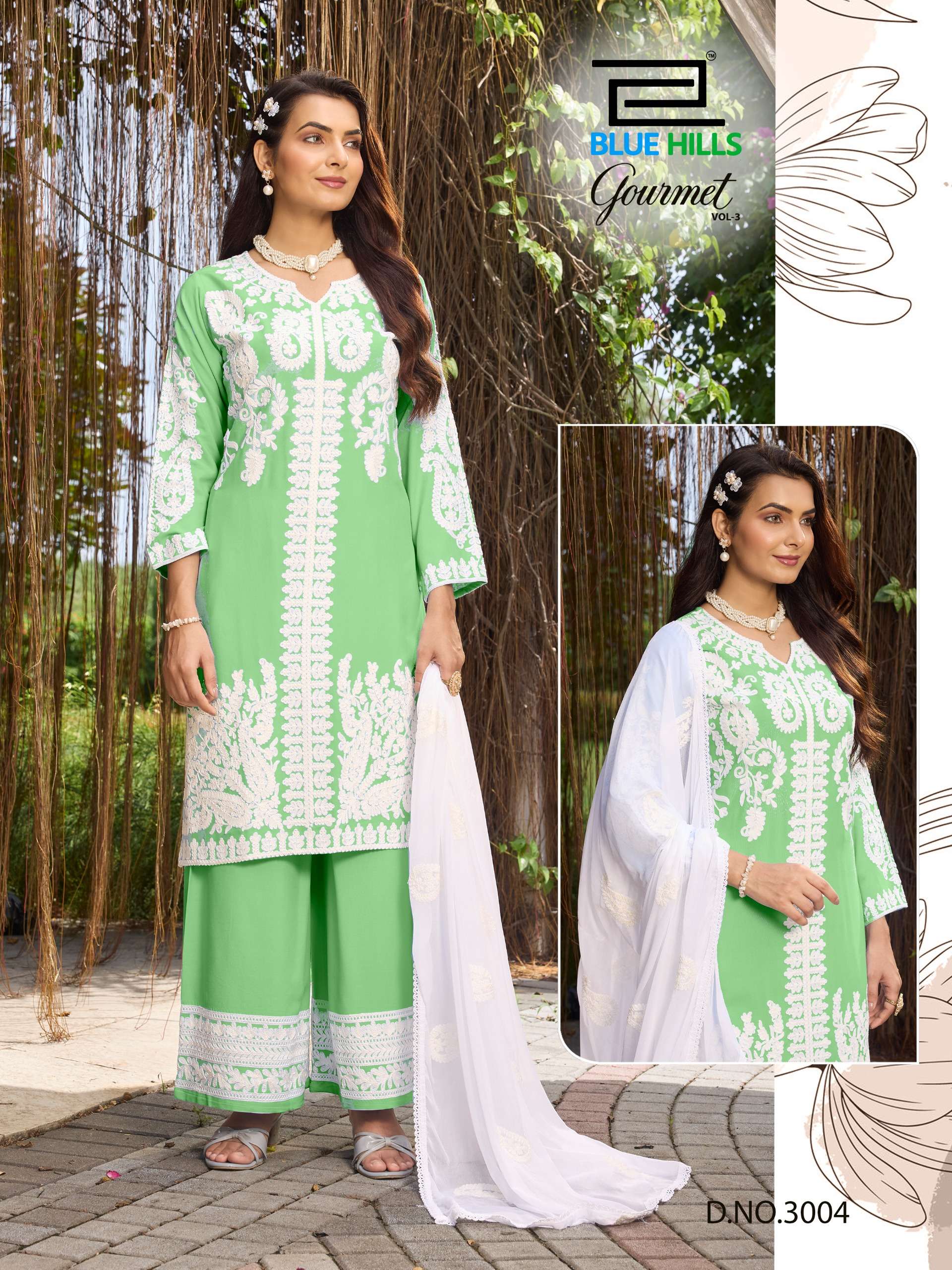 BLUE HILLS GOURMET VOL 3 RAYON FANCY LUCKNOWI WORKS STYLE LADIES KURTI PLAZZO AND DUPATTA SET 