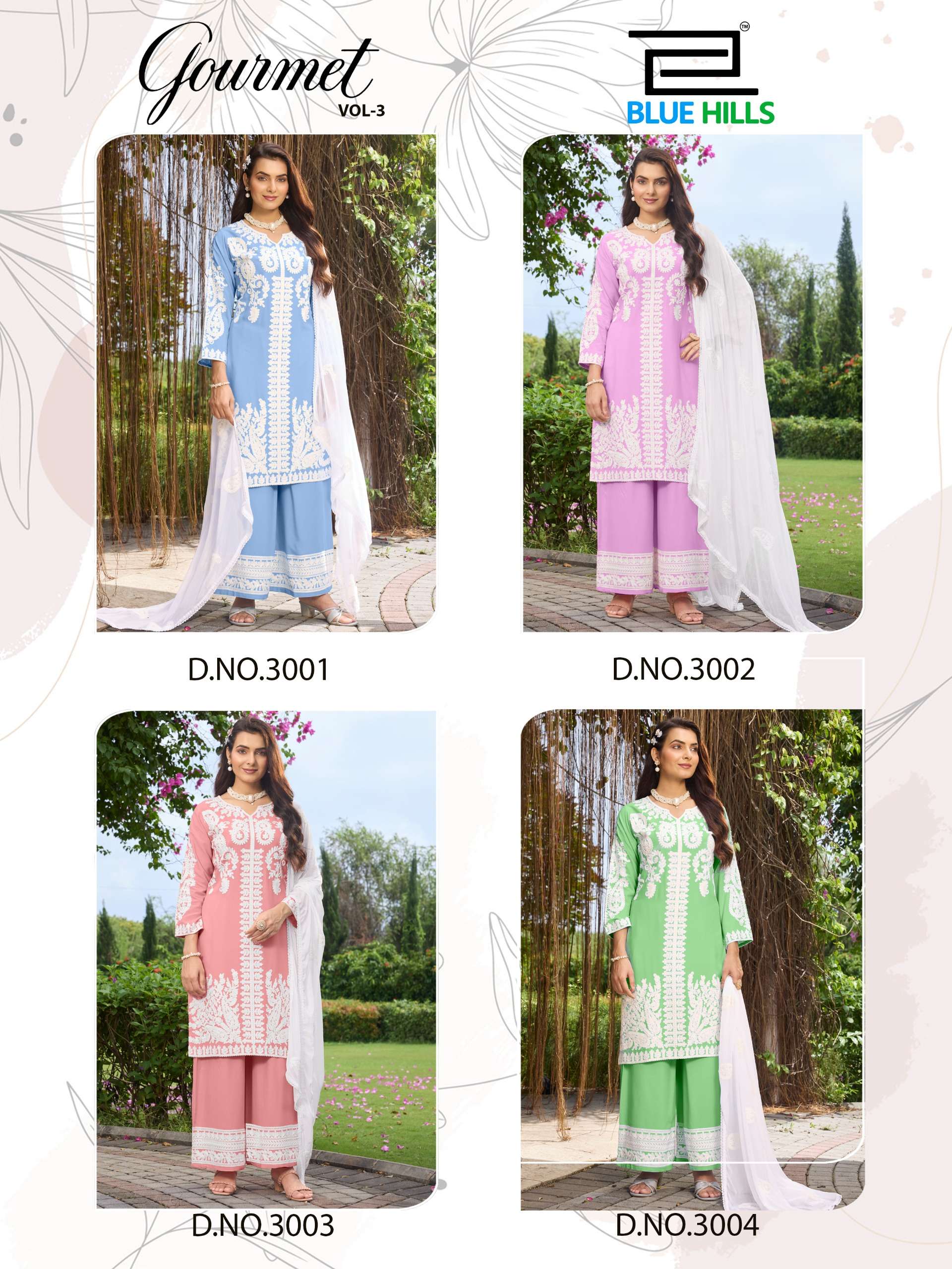 BLUE HILLS GOURMET VOL 3 RAYON FANCY LUCKNOWI WORKS STYLE LADIES KURTI PLAZZO AND DUPATTA SET 