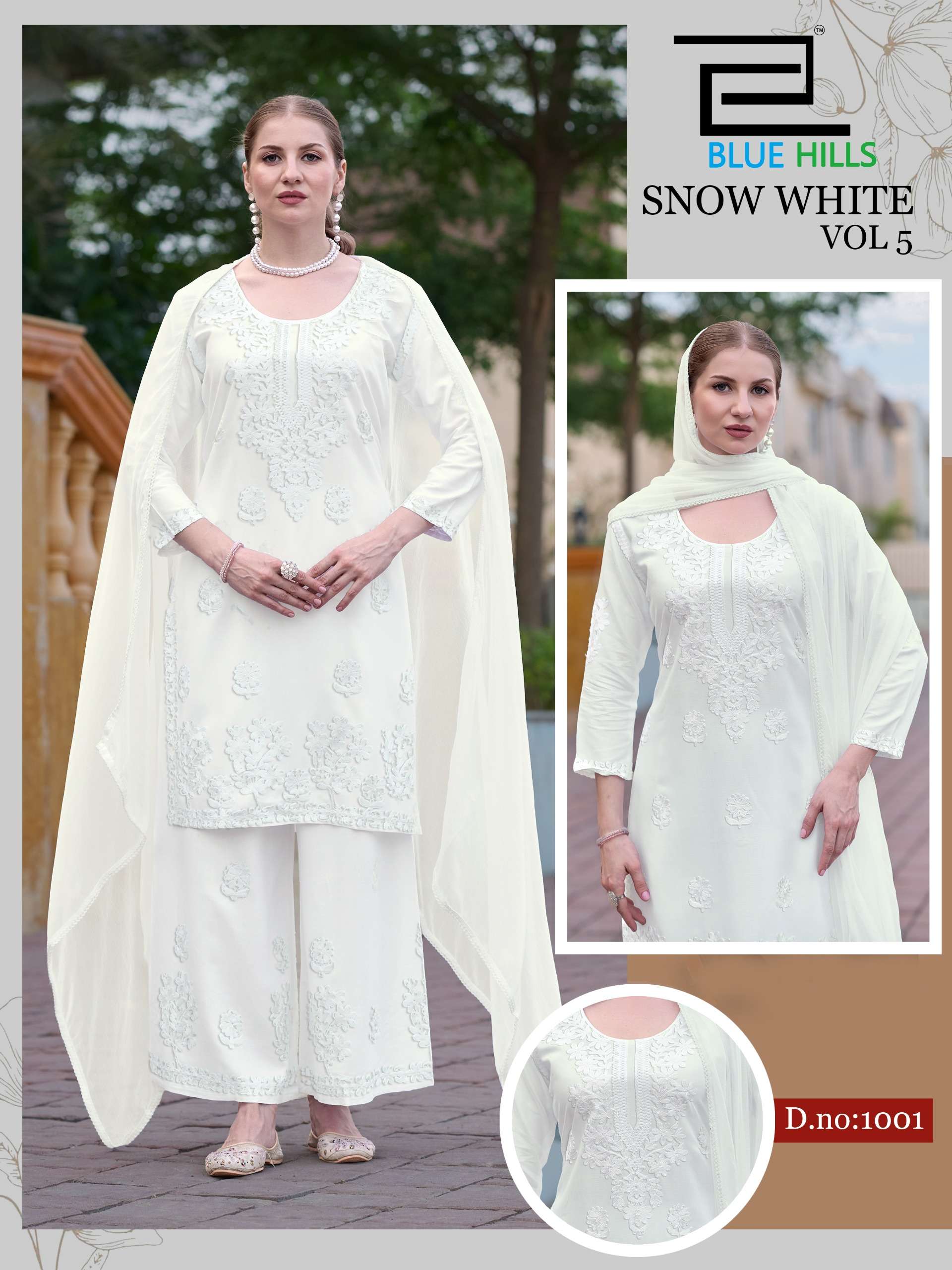 BLUE HILLS SNOW WHITE VOL 5 RAYON FANCY WORKS LADIES TOP PLAZZO AND DUPATTA SET 