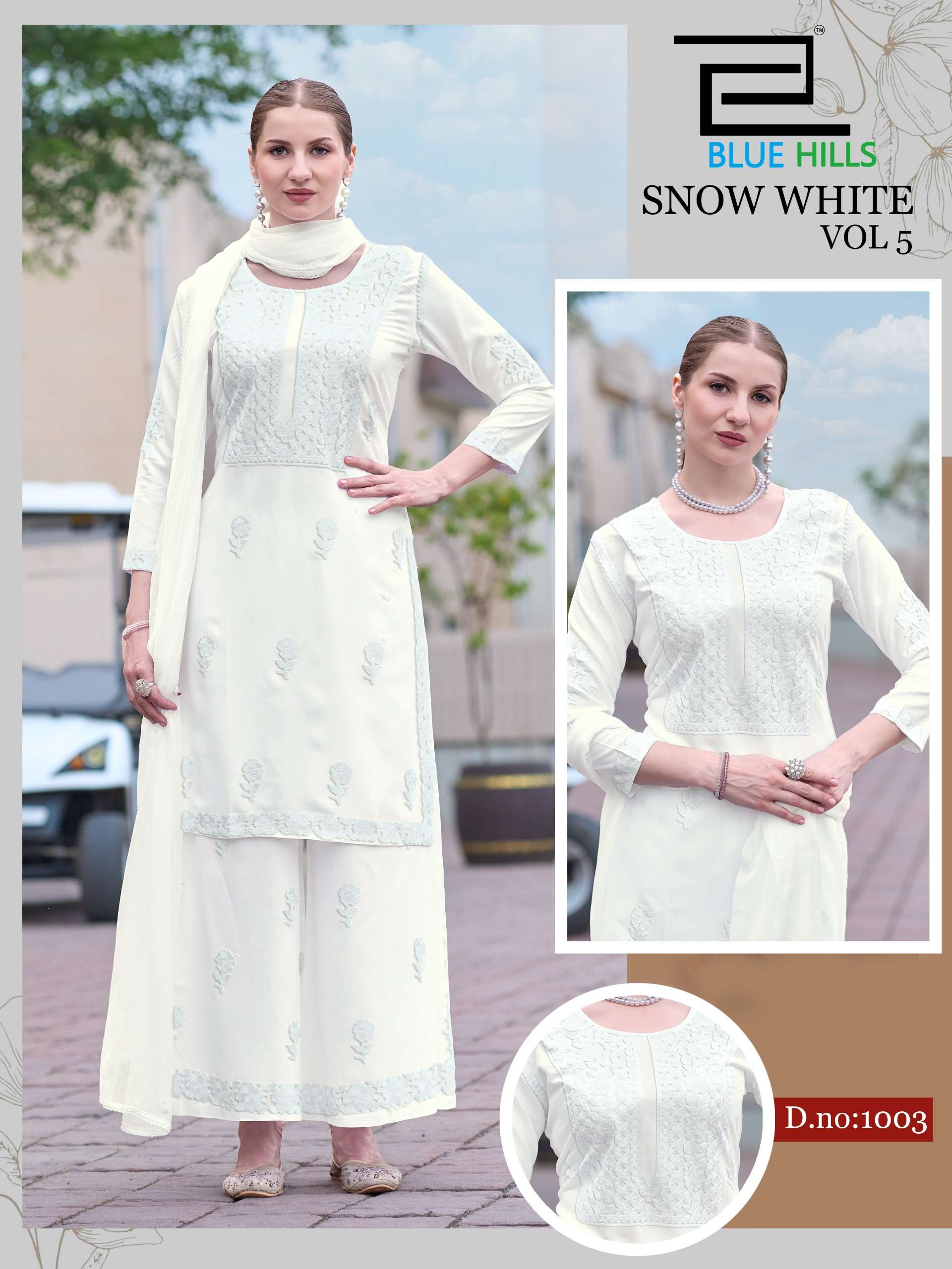 BLUE HILLS SNOW WHITE VOL 5 RAYON FANCY WORKS LADIES TOP PLAZZO AND DUPATTA SET 