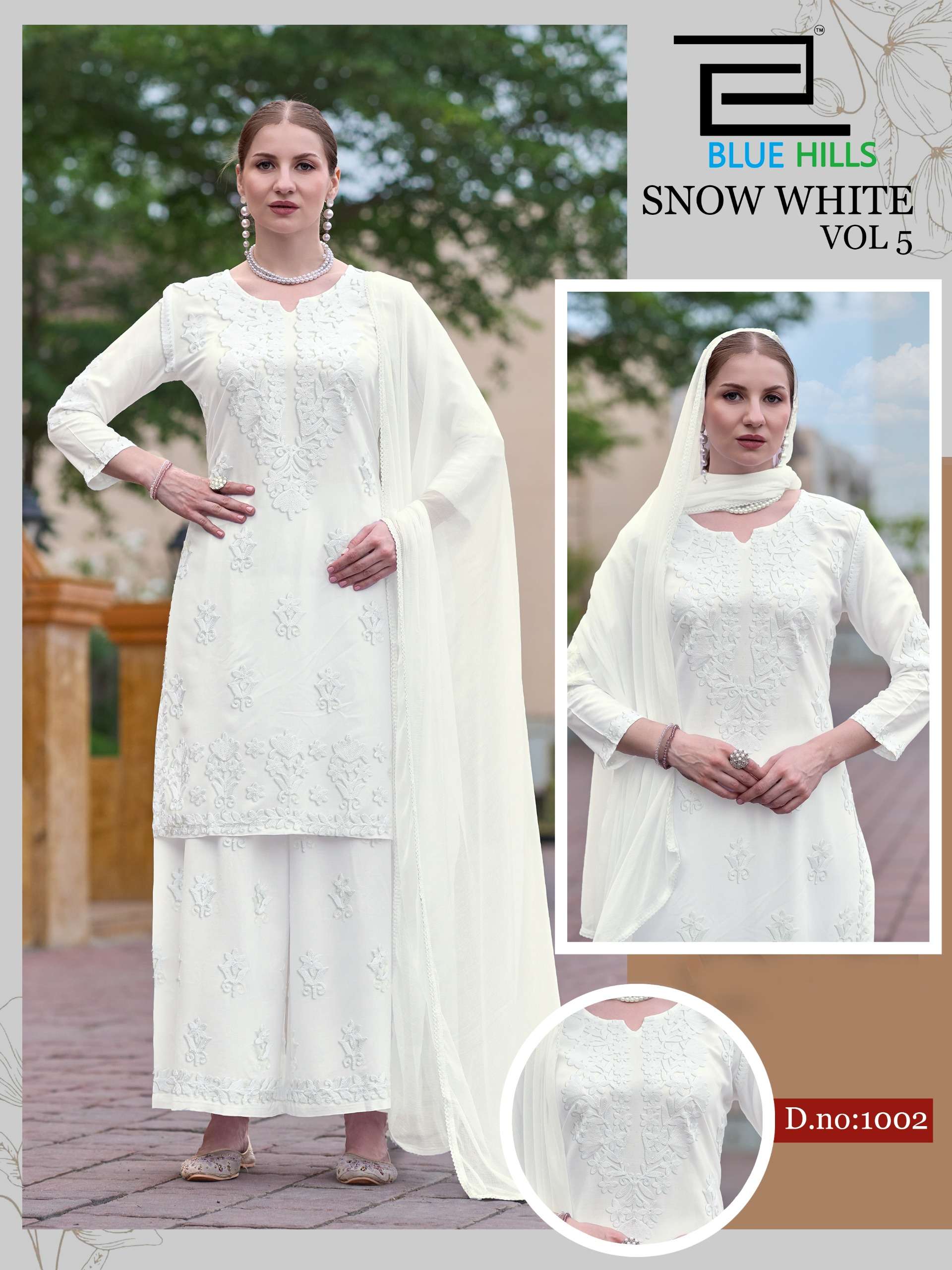 BLUE HILLS SNOW WHITE VOL 5 RAYON FANCY WORKS LADIES TOP PLAZZO AND DUPATTA SET 