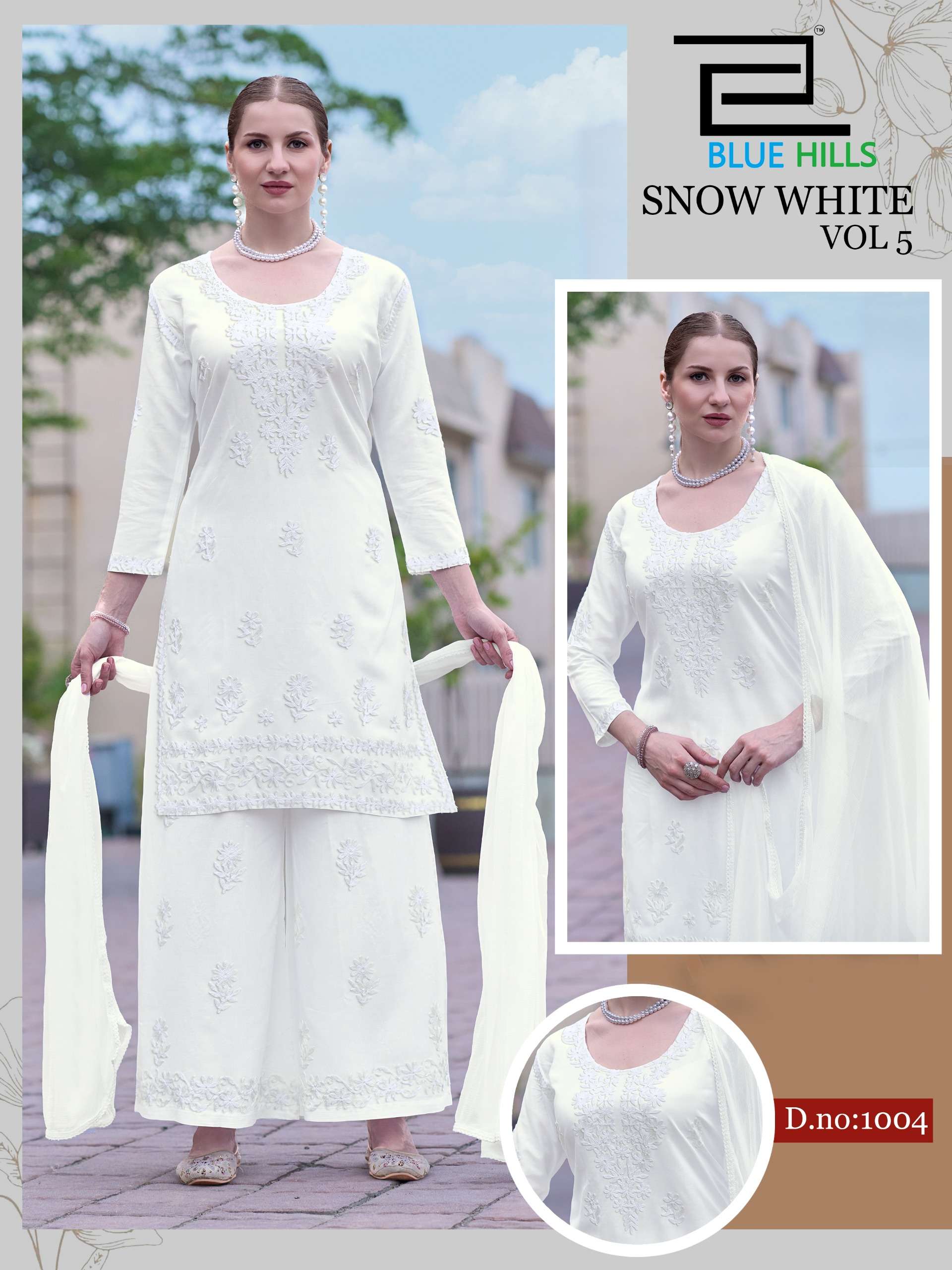 BLUE HILLS SNOW WHITE VOL 5 RAYON FANCY WORKS LADIES TOP PLAZZO AND DUPATTA SET 