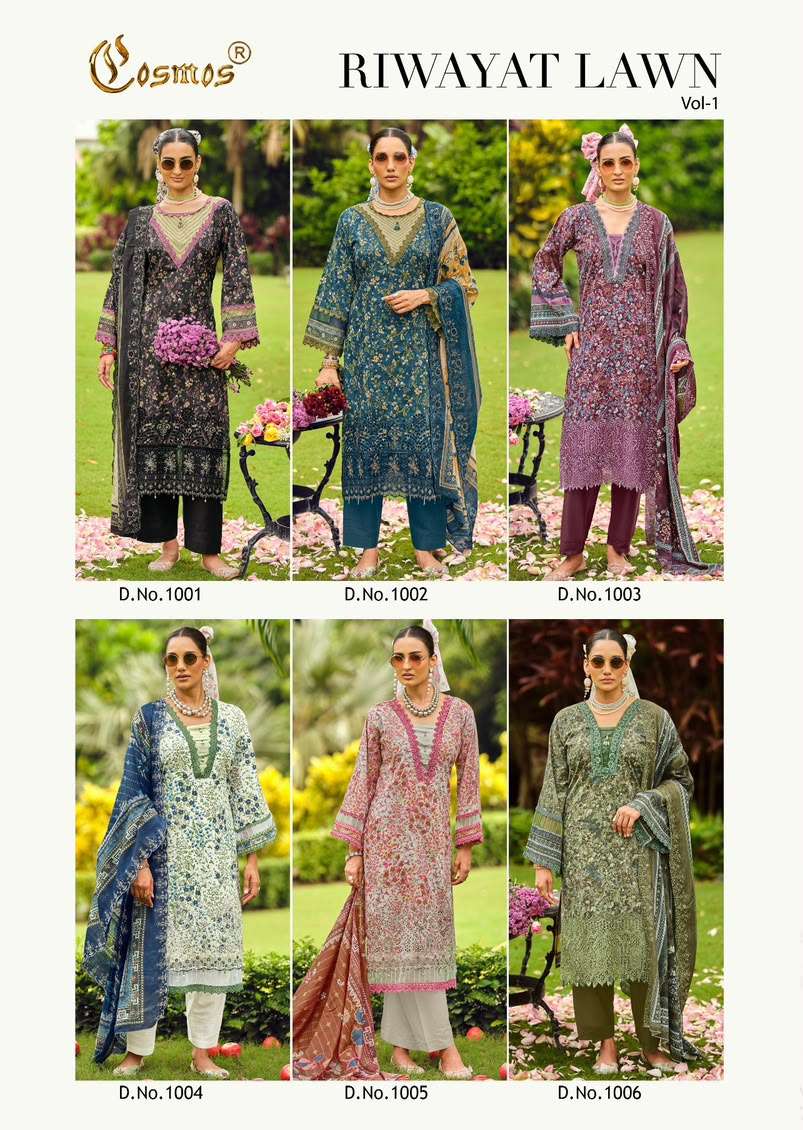 COSMOS FASHION RIWAYAT VOL 1 LAWN COTTON CHIKANKARI EMBROIDERY DESIGNER WORK SUIT