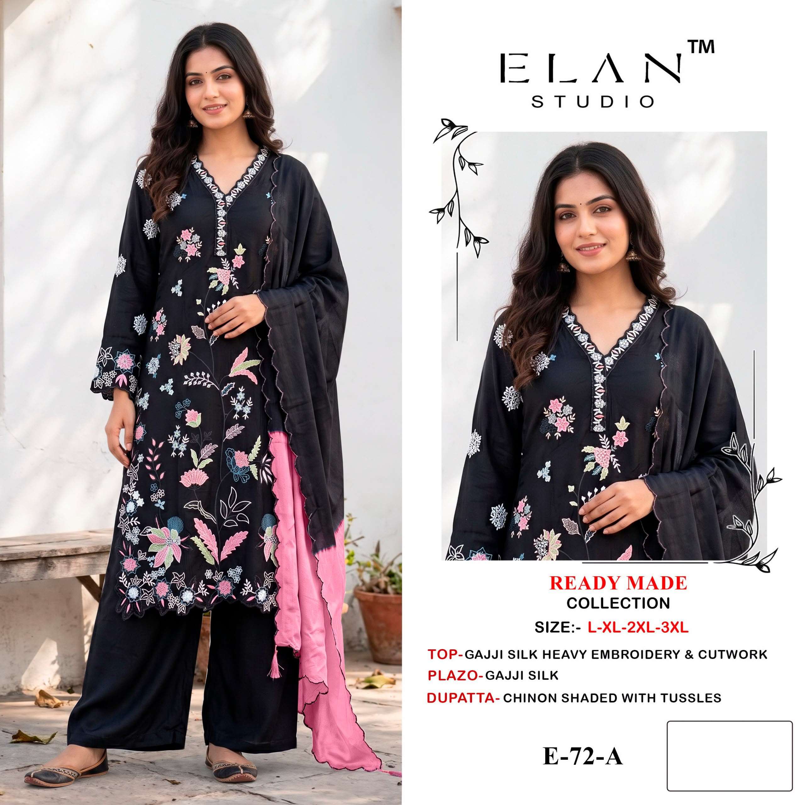 ELAN STUDIO E 72 SILK HEAVY EMBROIDERED DESIGNER WORKED READY MADE PAKISTANI SUIT 