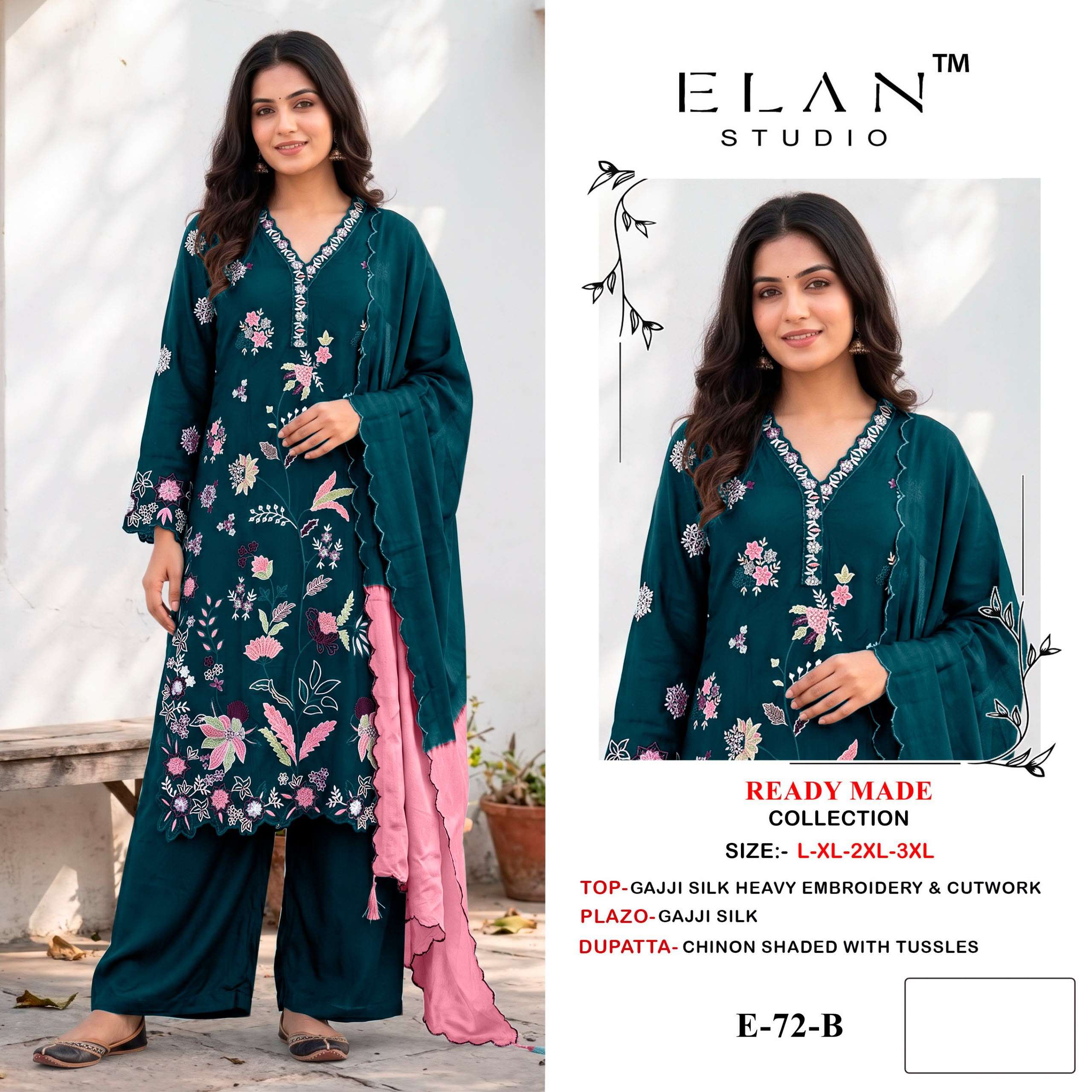 ELAN STUDIO E 72 SILK HEAVY EMBROIDERED DESIGNER WORKED READY MADE PAKISTANI SUIT 