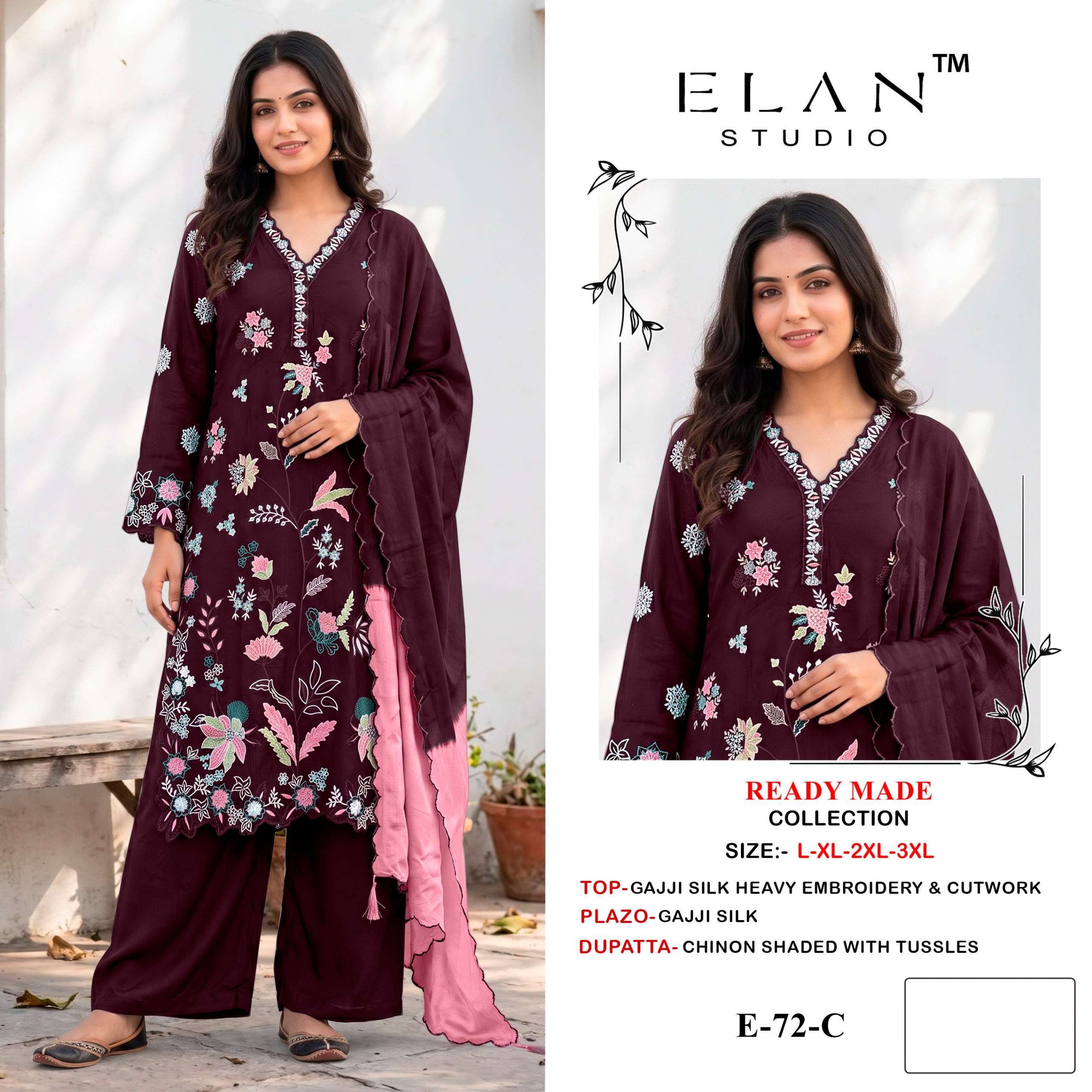 ELAN STUDIO E 72 SILK HEAVY EMBROIDERED DESIGNER WORKED READY MADE PAKISTANI SUIT 