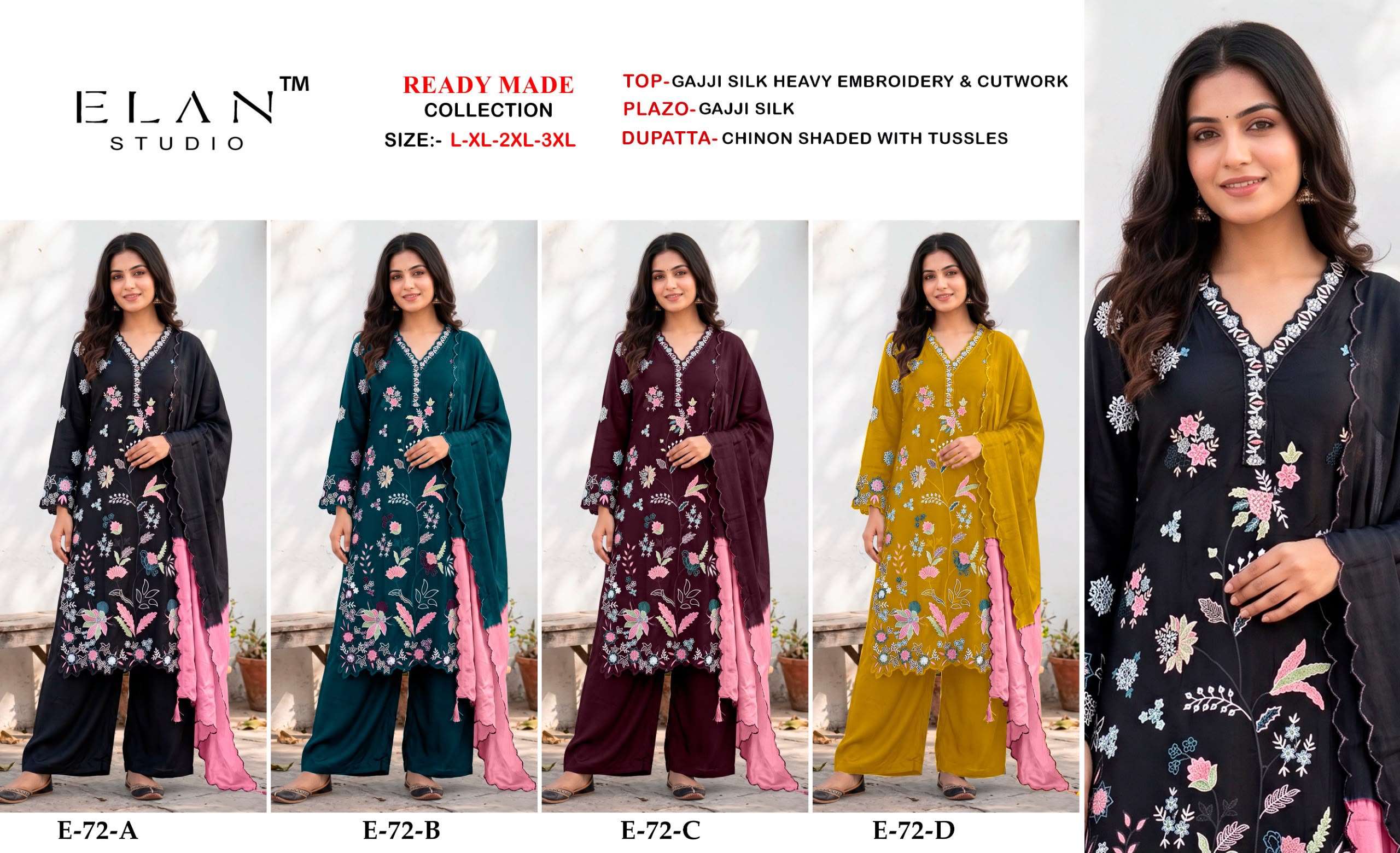 ELAN STUDIO E 72 SILK HEAVY EMBROIDERED DESIGNER WORKED READY MADE PAKISTANI SUIT 