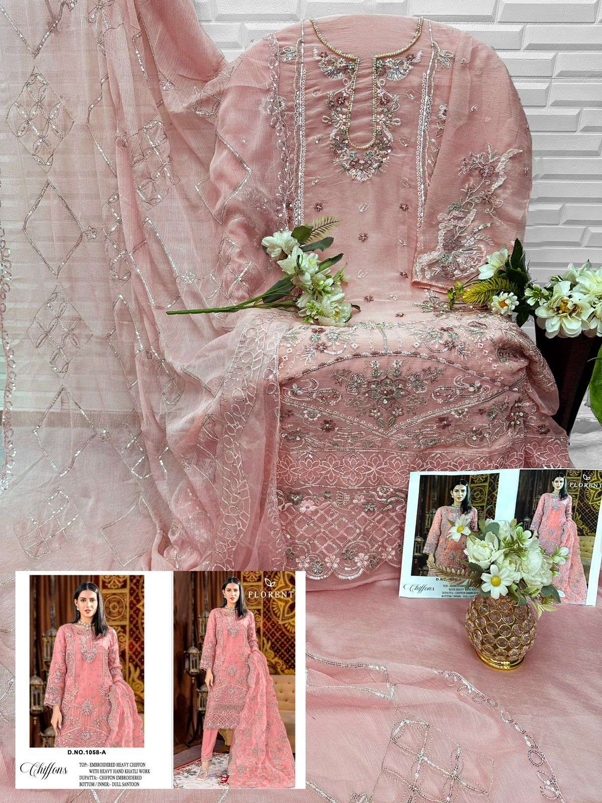 FLORENT D NO 1058 CHIFFON HEAVY EMBROIDERED DESIGNER WORK PAKISTANI SUIT