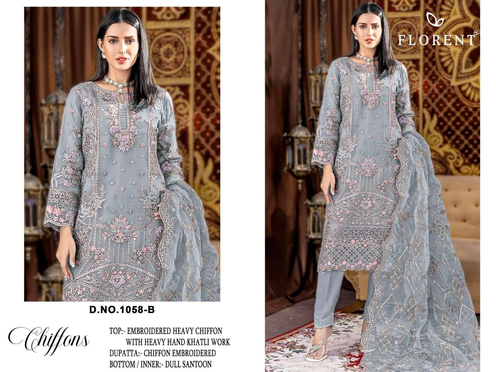 FLORENT D NO 1058 CHIFFON HEAVY EMBROIDERED DESIGNER WORK PAKISTANI SUIT