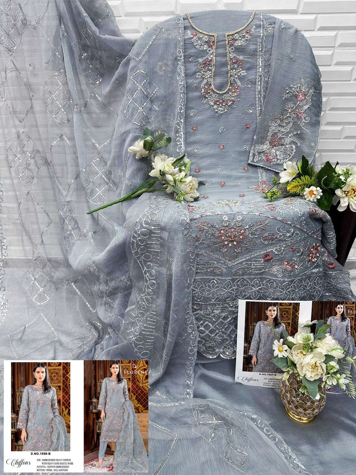 FLORENT D NO 1058 CHIFFON HEAVY EMBROIDERED DESIGNER WORK PAKISTANI SUIT