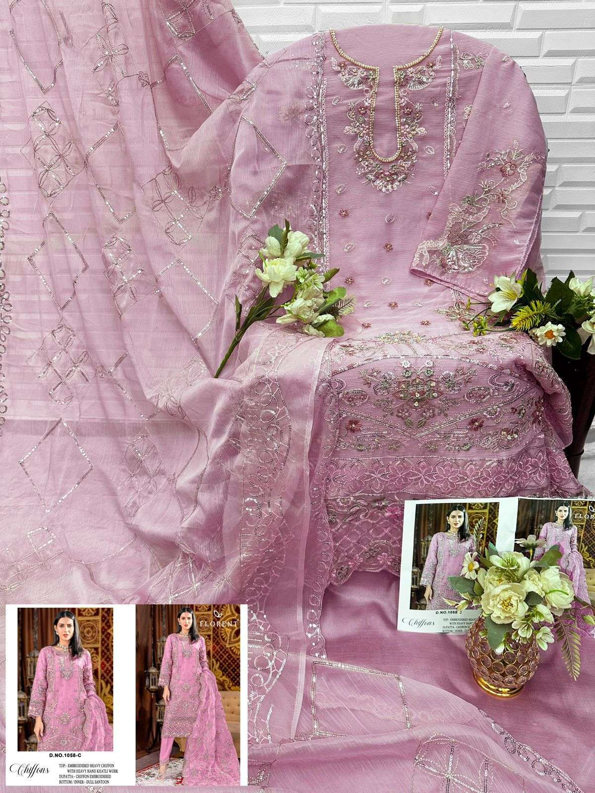 FLORENT D NO 1058 CHIFFON HEAVY EMBROIDERED DESIGNER WORK PAKISTANI SUIT