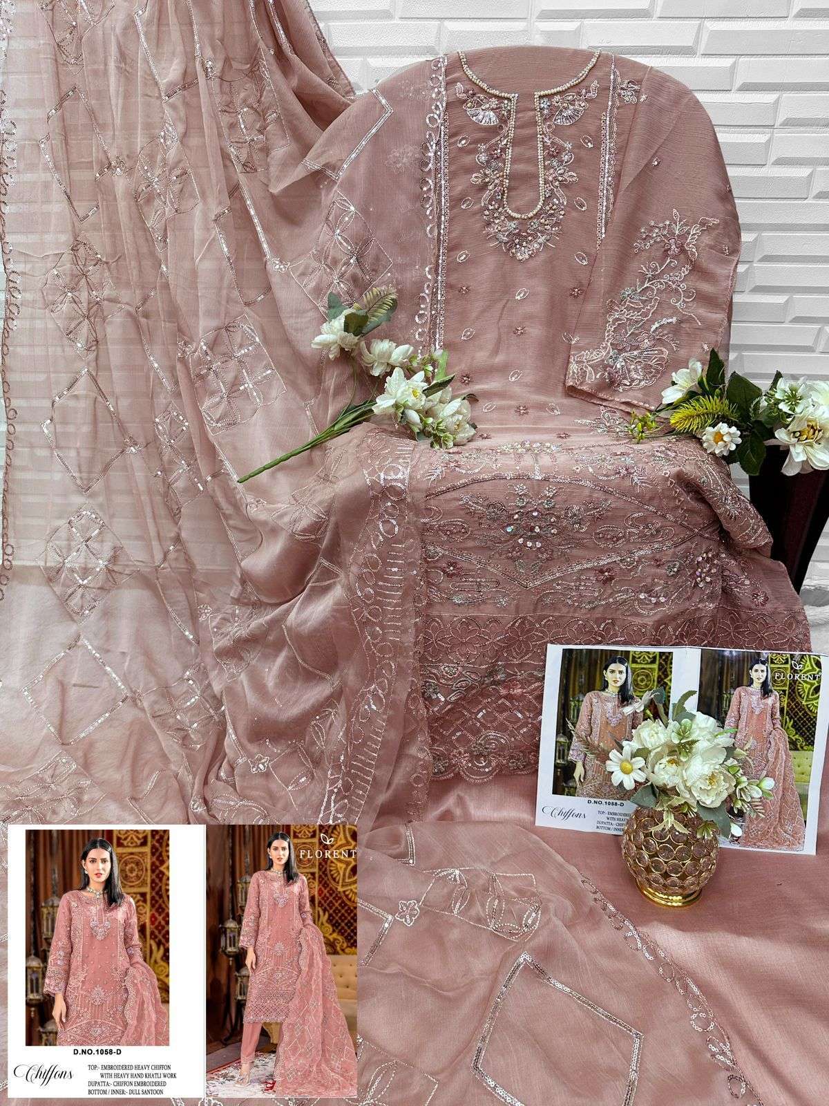 FLORENT D NO 1058 CHIFFON HEAVY EMBROIDERED DESIGNER WORK PAKISTANI SUIT