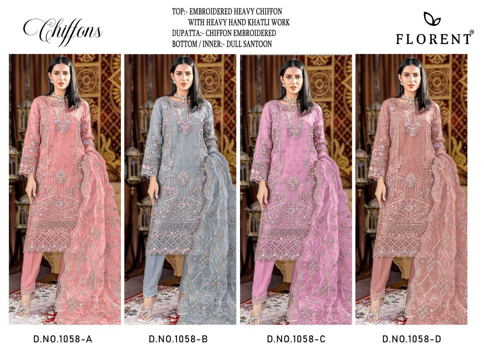 FLORENT D NO 1058 CHIFFON HEAVY EMBROIDERED DESIGNER WORK PAKISTANI SUIT