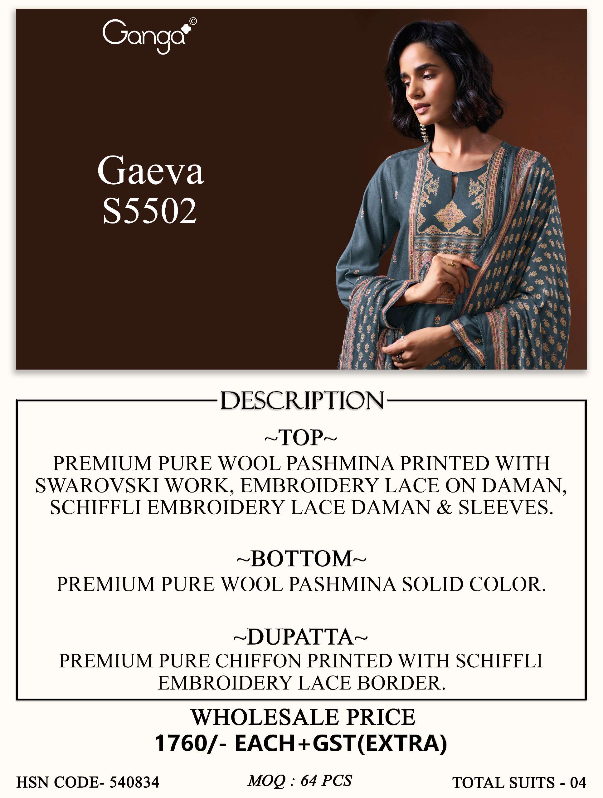 GANGA GAEVA 5502 PASHMINA EMBROIDERY DESIGNER WORK TRADITIONAL WEAR LOOK LADIES SUIT 