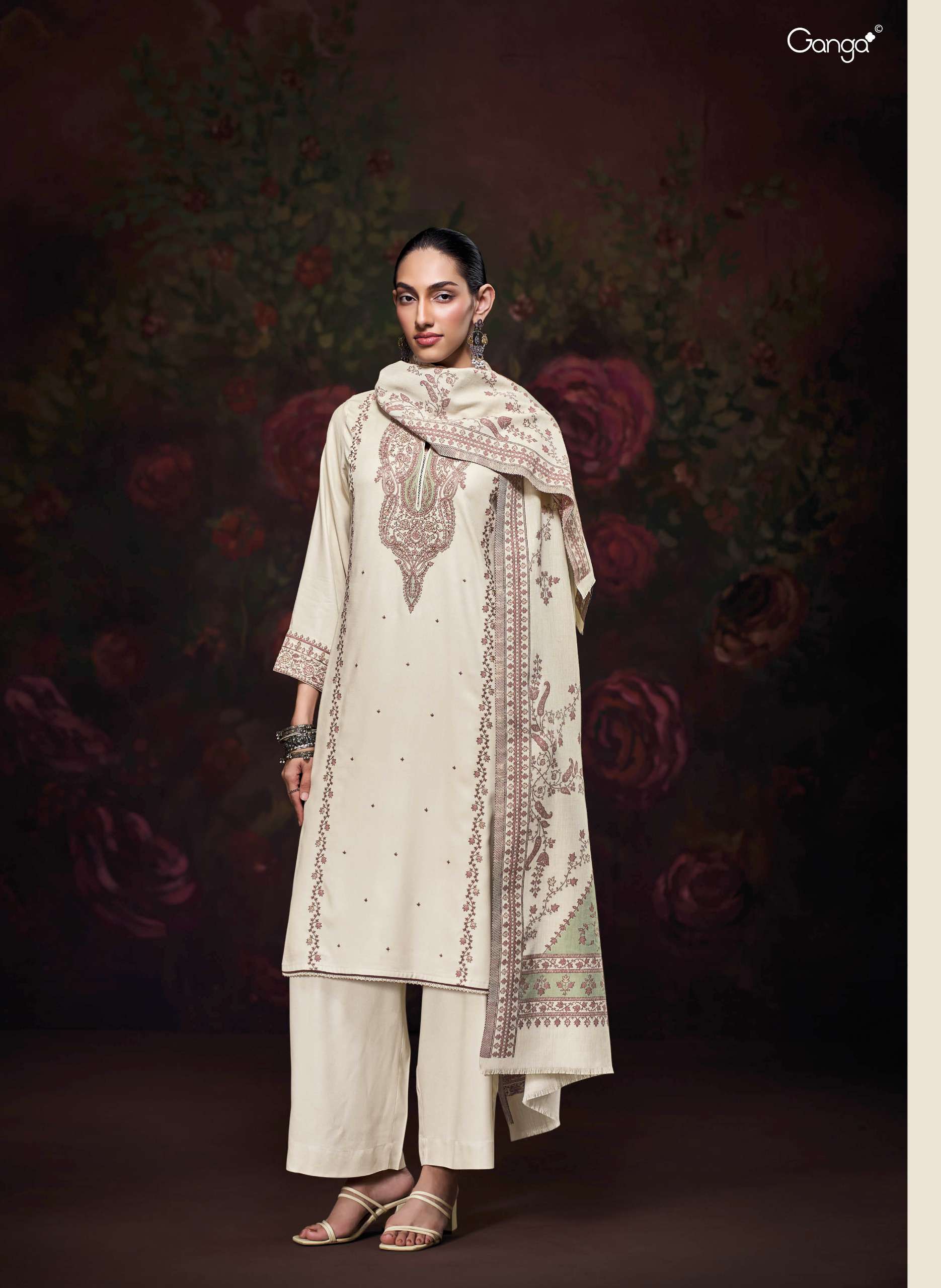 GANGA IKTARA PASHMINA EMBROIDERY DESIGNER WORK TRADITIONAL WEAR SUIT