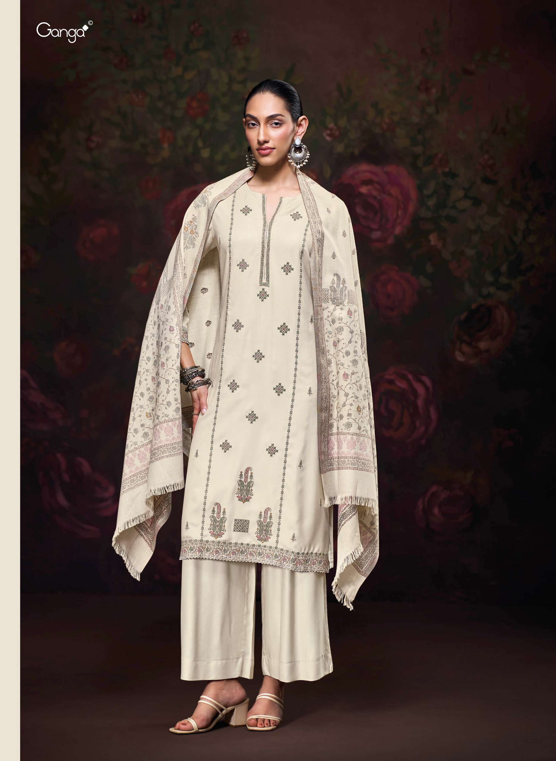 GANGA IKTARA PASHMINA EMBROIDERY DESIGNER WORK TRADITIONAL WEAR SUIT