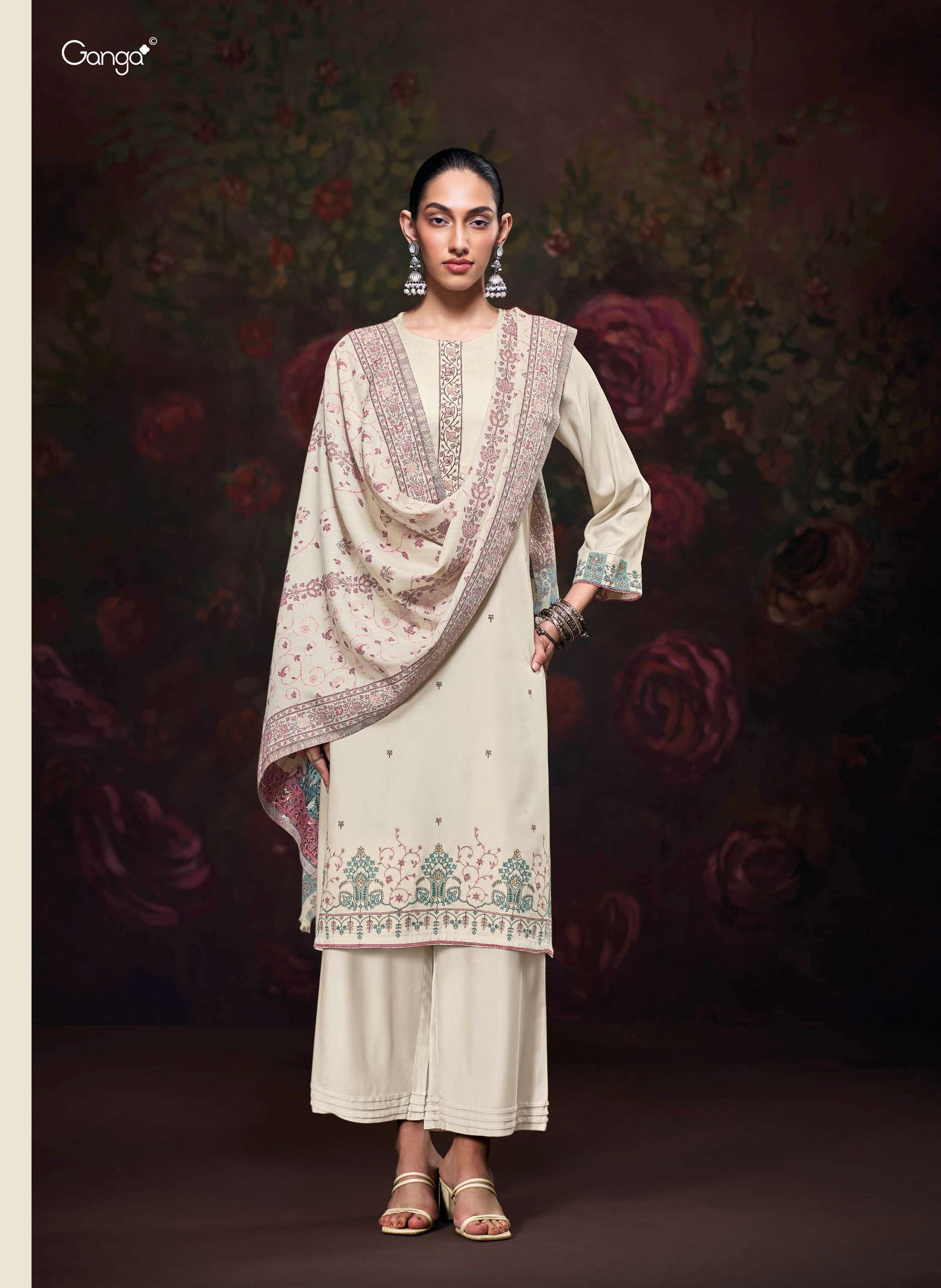 GANGA IKTARA PASHMINA EMBROIDERY DESIGNER WORK TRADITIONAL WEAR SUIT