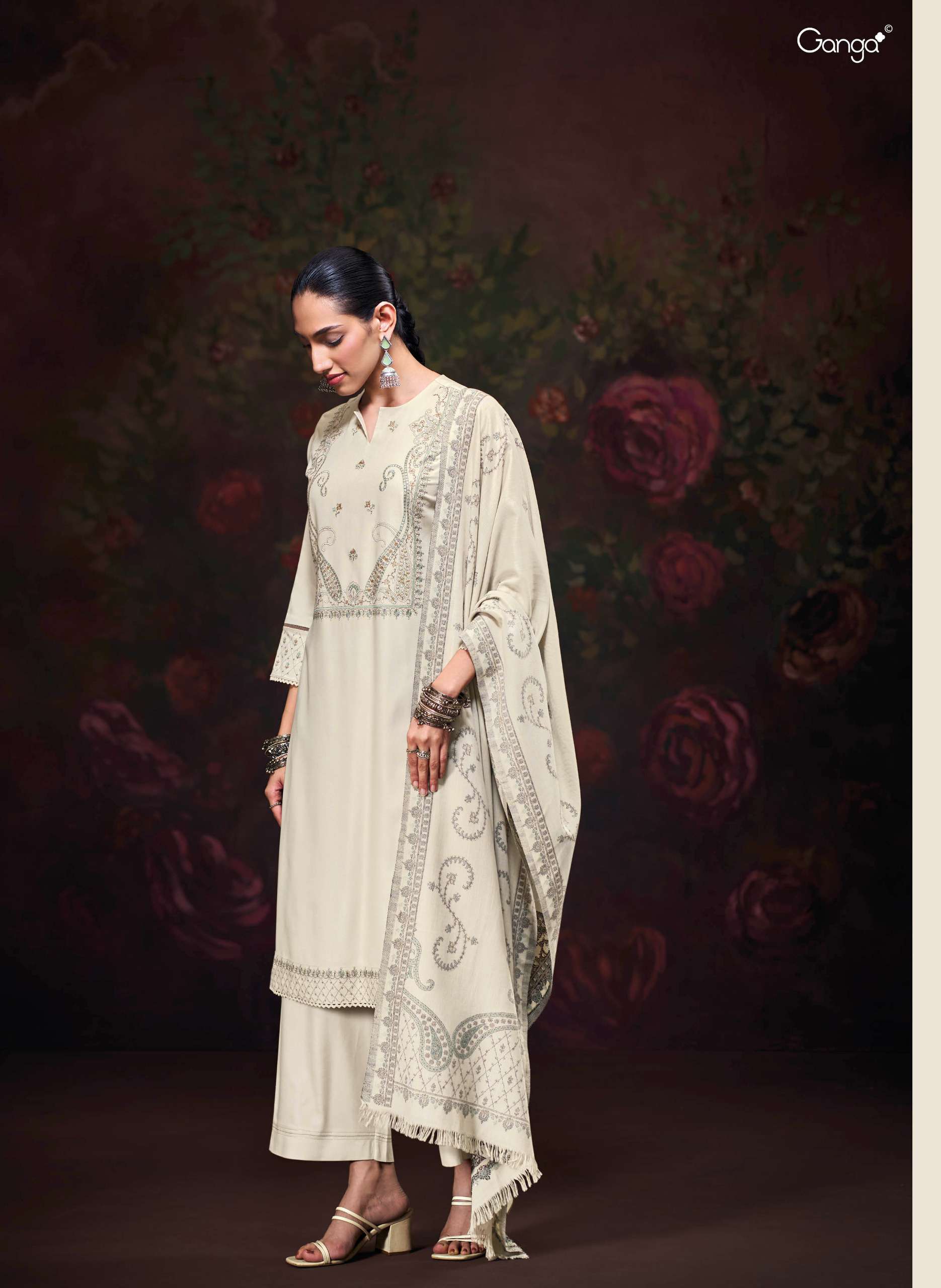 GANGA IKTARA PASHMINA EMBROIDERY DESIGNER WORK TRADITIONAL WEAR SUIT