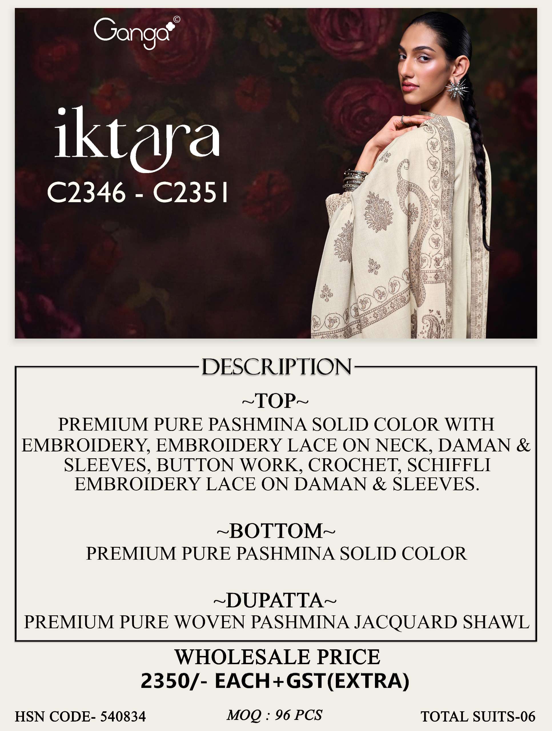 GANGA IKTARA PASHMINA EMBROIDERY DESIGNER WORK TRADITIONAL WEAR SUIT