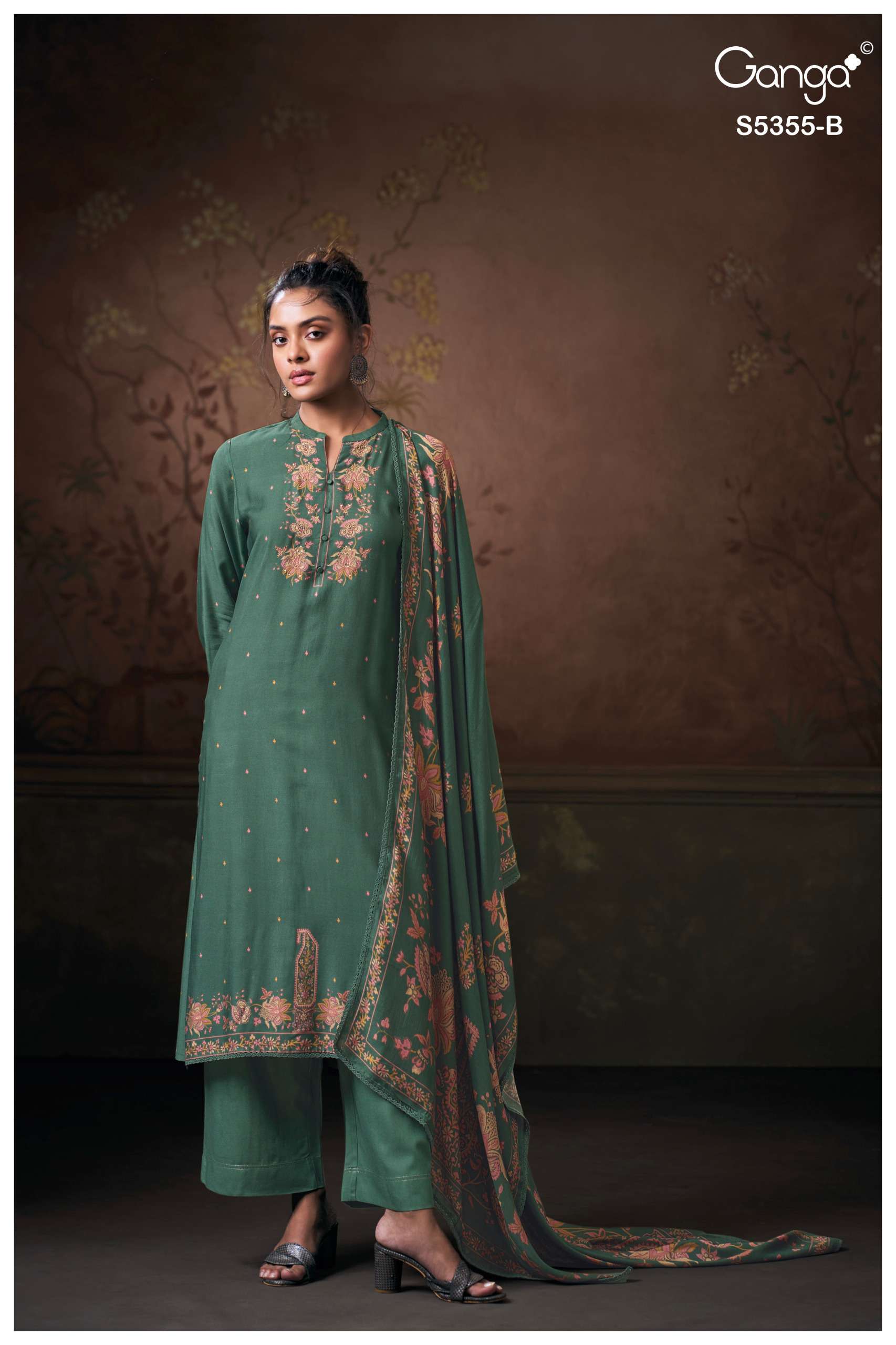 GANGA IRYESA 5355 WOOL PASHMINA PRINTED WITH EMBROIDERY WORK SUIT