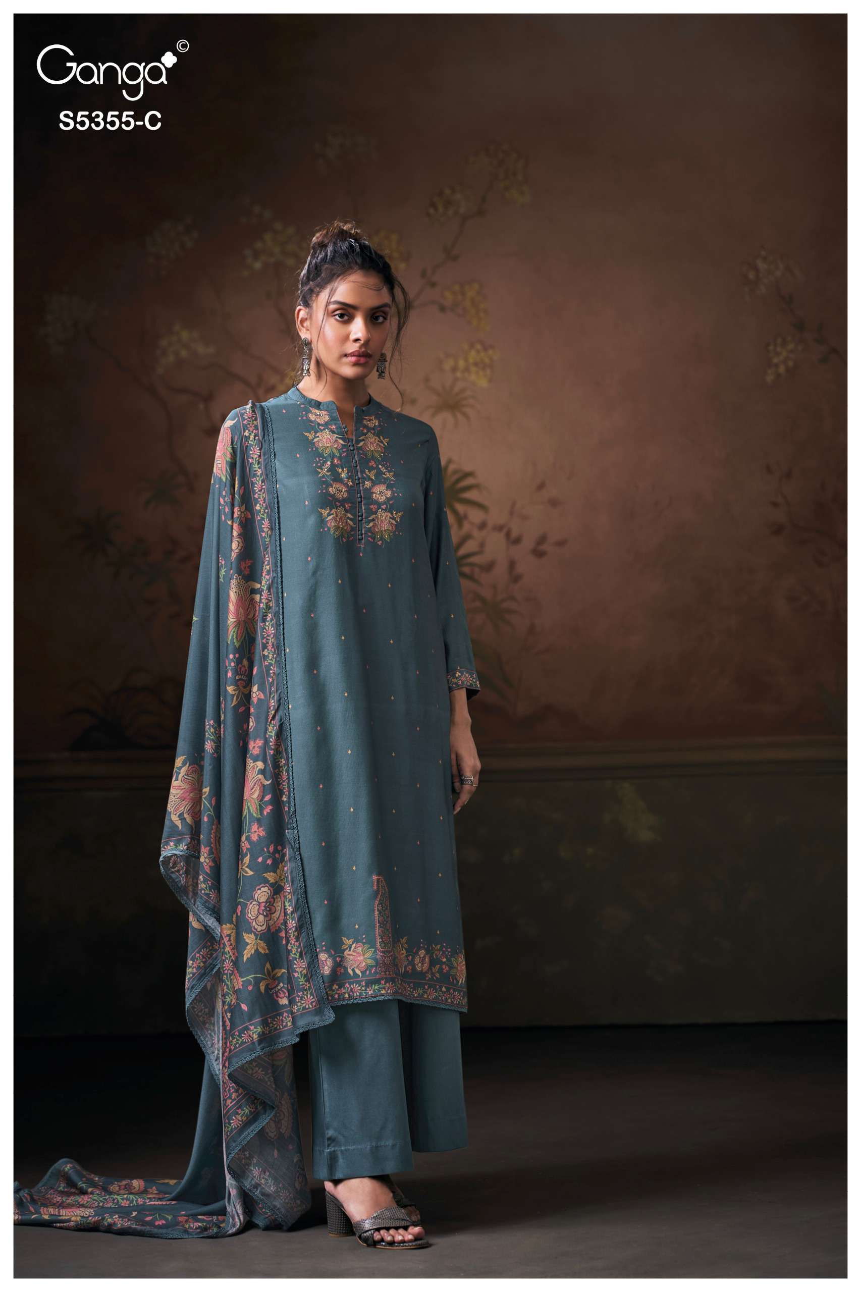 GANGA IRYESA 5355 WOOL PASHMINA PRINTED WITH EMBROIDERY WORK SUIT
