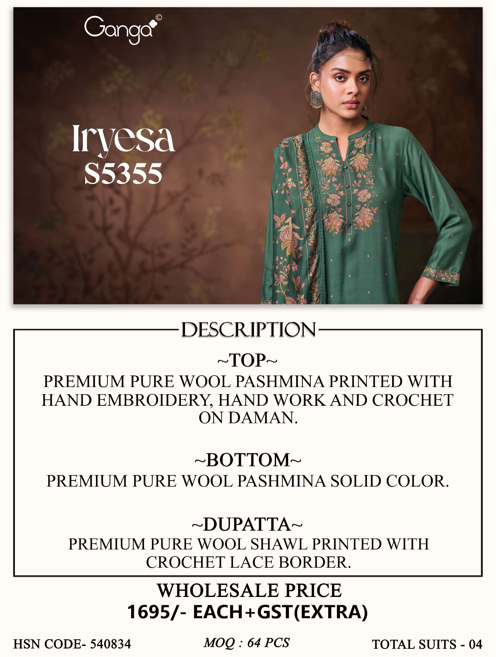 GANGA IRYESA 5355 WOOL PASHMINA PRINTED WITH EMBROIDERY WORK SUIT