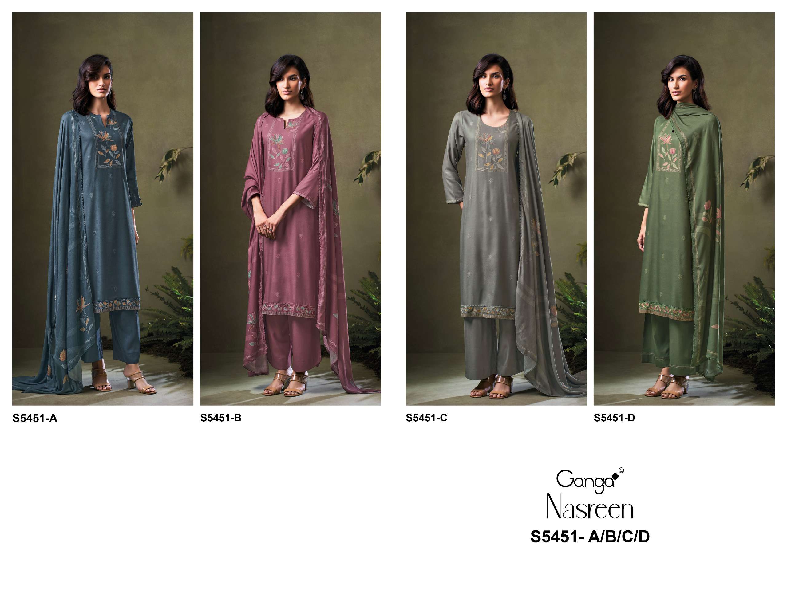 GANGA NASREEN 5451 WOOL PASHMINA PRINTED WITH DESIGNER WORK SUIT 