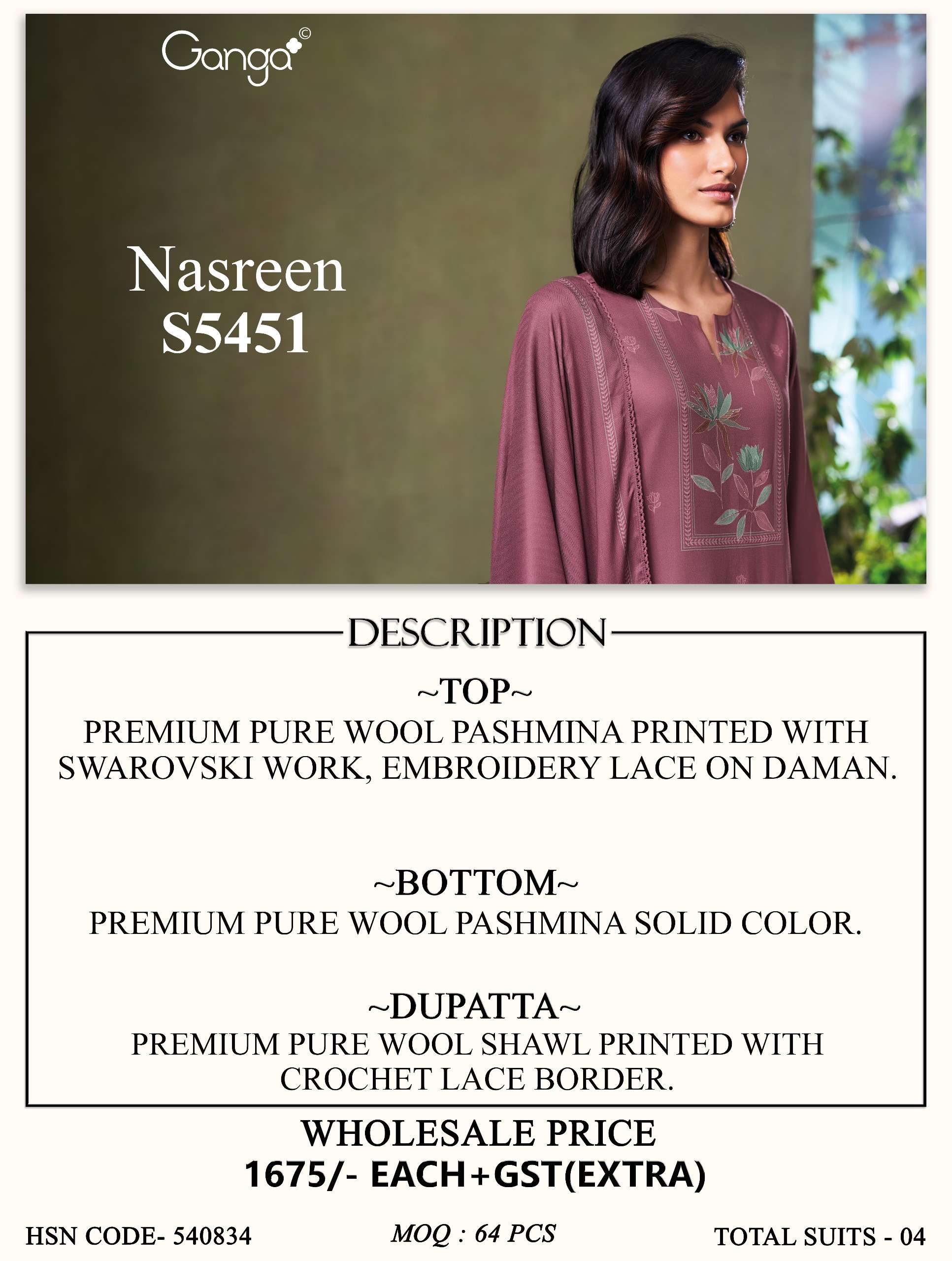 GANGA NASREEN 5451 WOOL PASHMINA PRINTED WITH DESIGNER WORK SUIT 