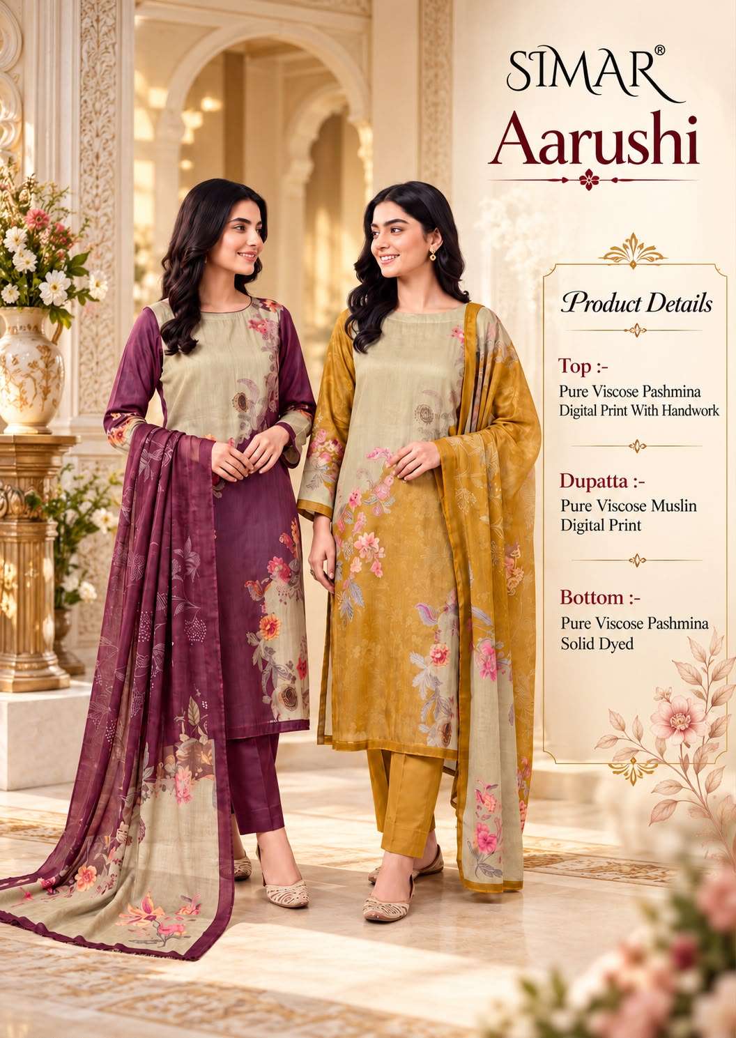 GLOSSY SIMAR AARUSHI PASHMINA DIGITAL PRINT WITH HAND WORK SUIT