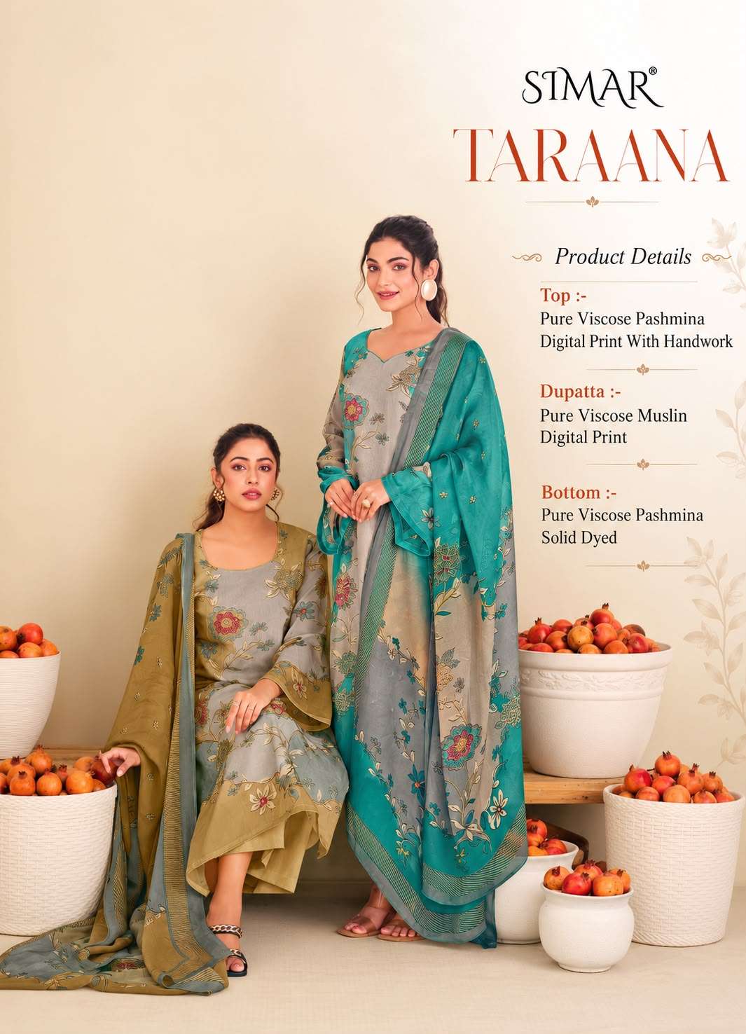 GLOSSY SIMAR TARAANA PASHMINA DIGITAL PRINT WITH FANCY WORKS SUIT