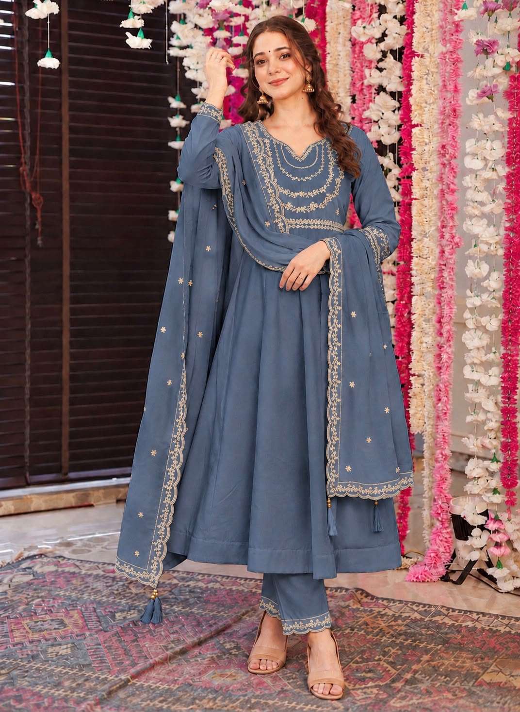INLI ANAYA SILK DESIGNER WORK ANARKALI GOWN STYLE TOP PANT WITH DUPATTA SET 