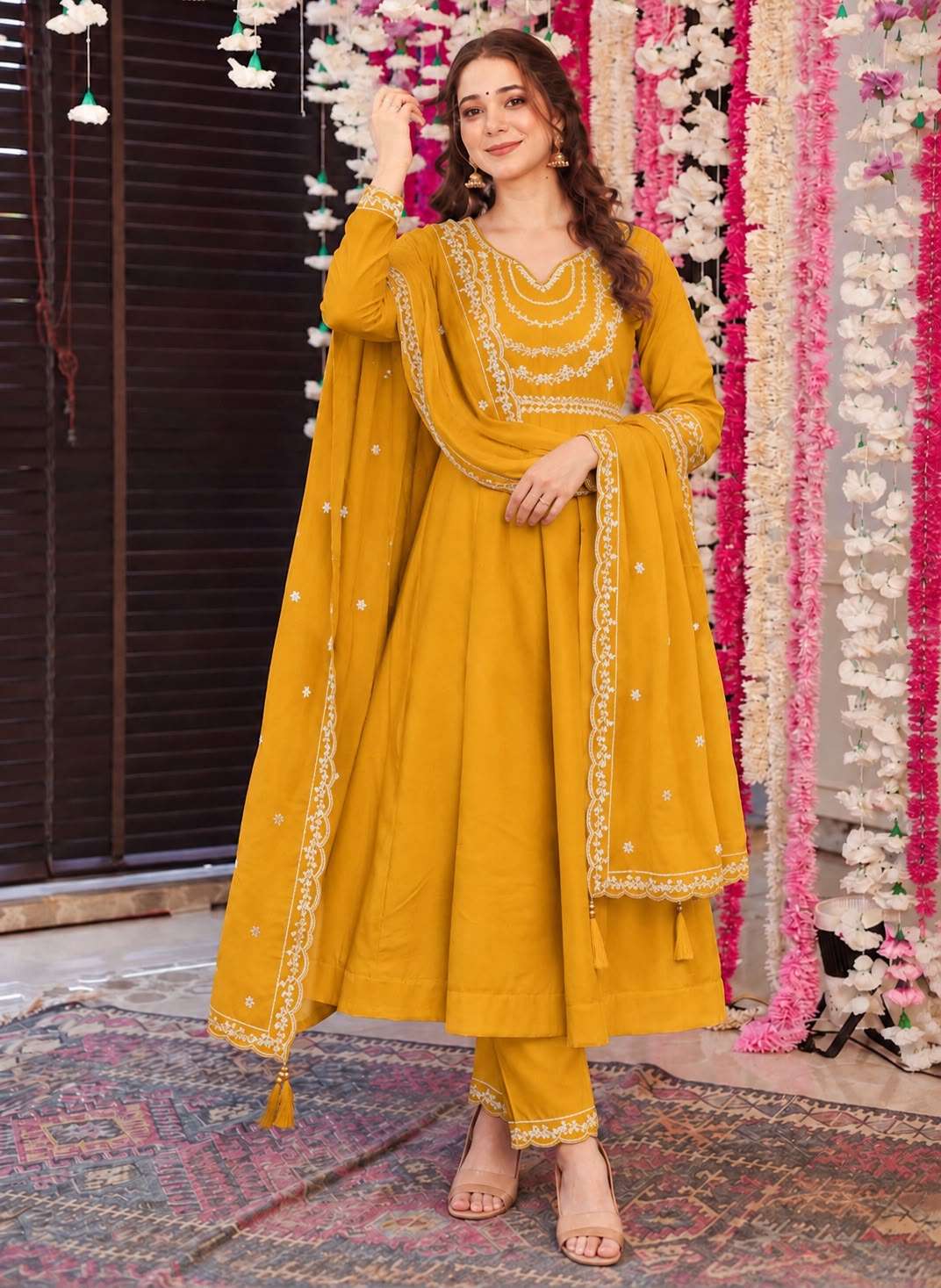 INLI ANAYA SILK DESIGNER WORK ANARKALI GOWN STYLE TOP PANT WITH DUPATTA SET 
