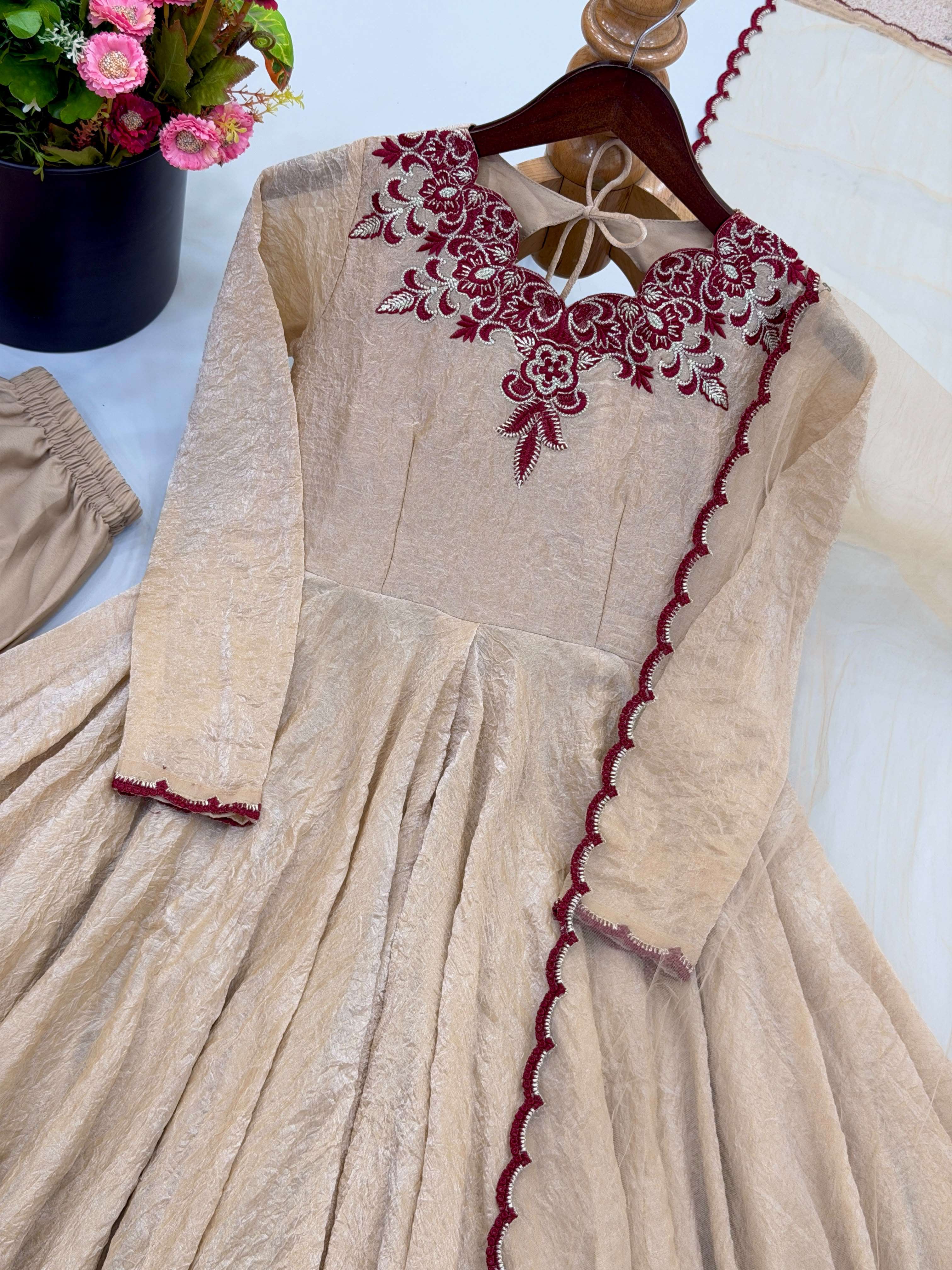 JF 058 CRUSH FABRIC BEAUTIFUL DESIGNER LOOK GOWN PANT WITH DUPATTA SET 