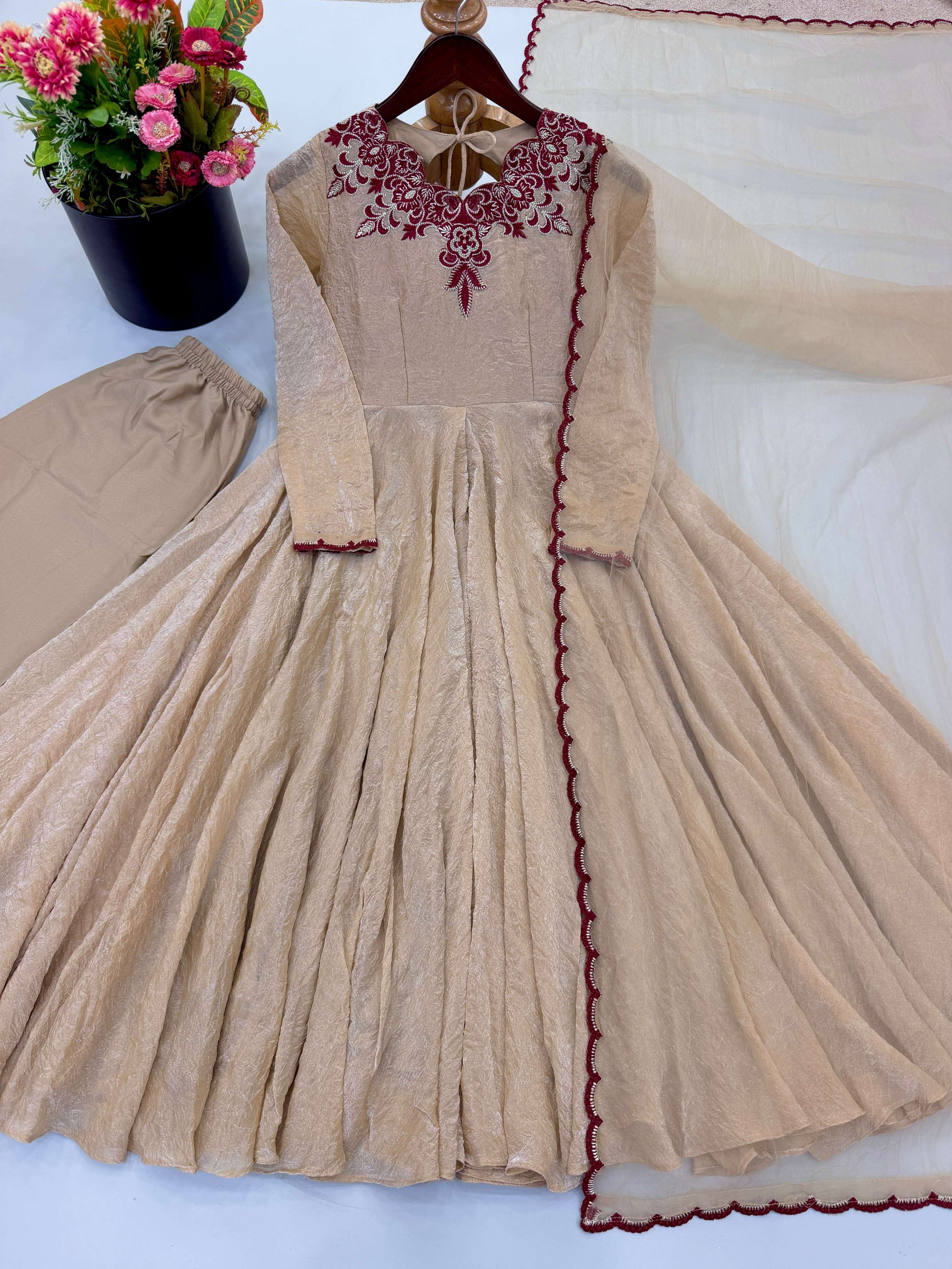 JF 058 CRUSH FABRIC BEAUTIFUL DESIGNER LOOK GOWN PANT WITH DUPATTA SET 