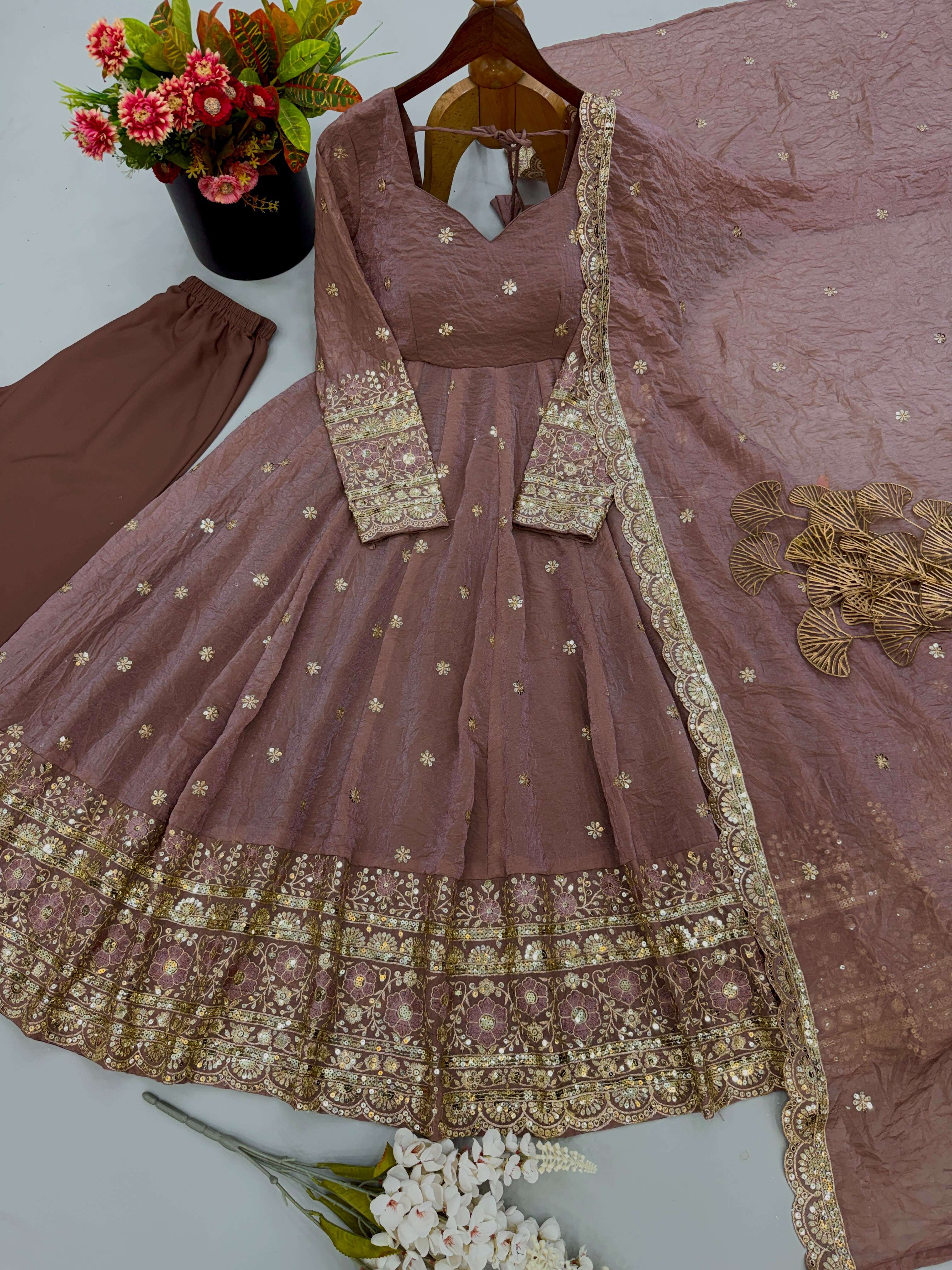 JF 059 CRUSH FABRIC HEAVY BEAUTIFUL DESIGNER LOOK PARTY WEAR ANARKALI GOWN STYLE DRESS 