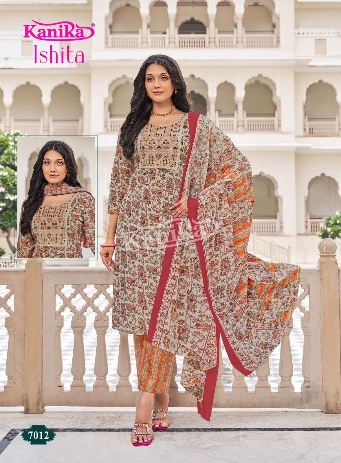 KANIKA ISHITA VOL 7 COTTON PRINTED LADIES STRAIGHT CUT KURTI BOTTOM AND DUPATTA SET 