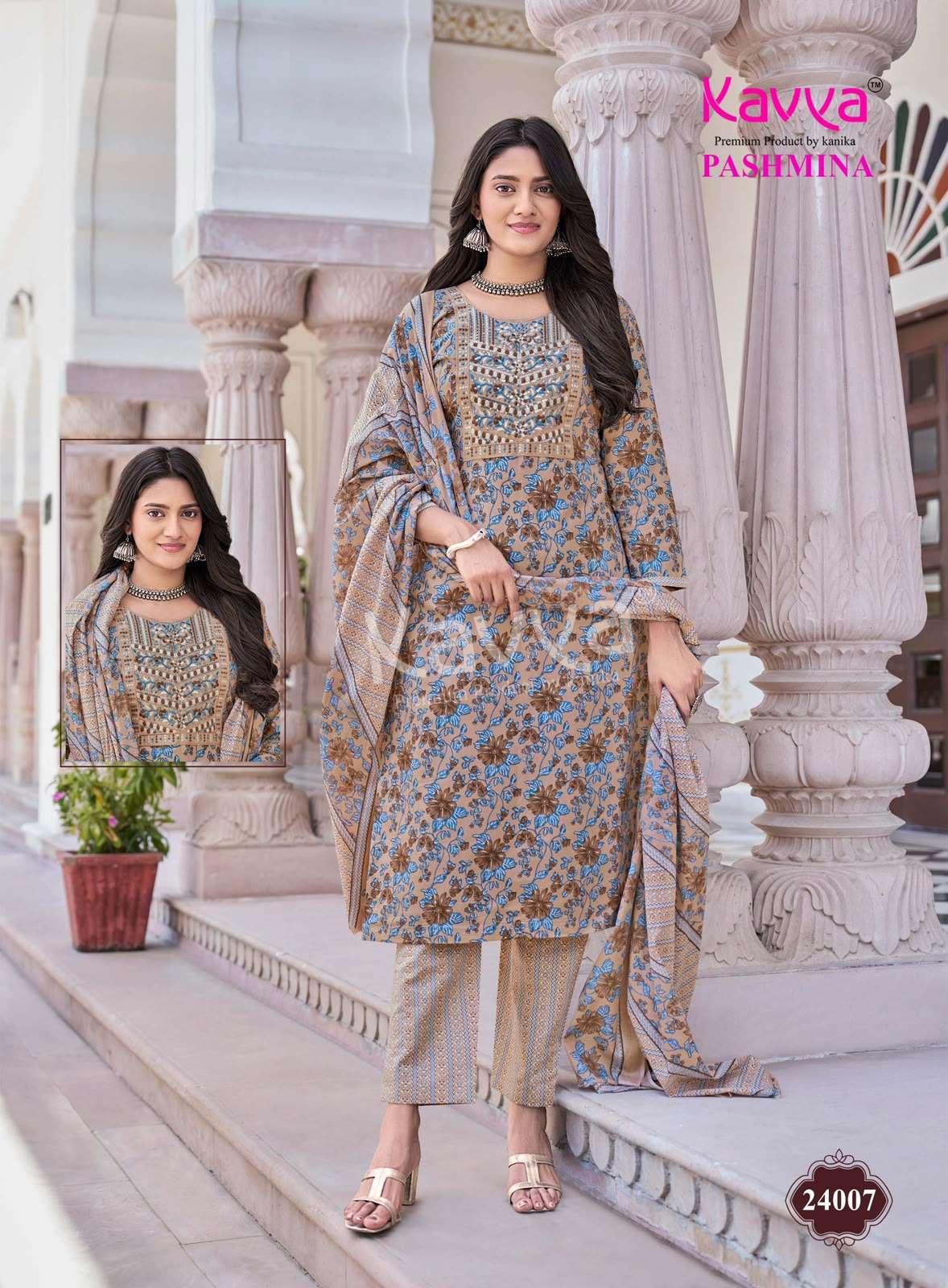 KAVYA PASHMINA VOL 24 COTTON PRINT FANCY STRAIGHT KURTI BOTTOM AND DUPATTA SET 